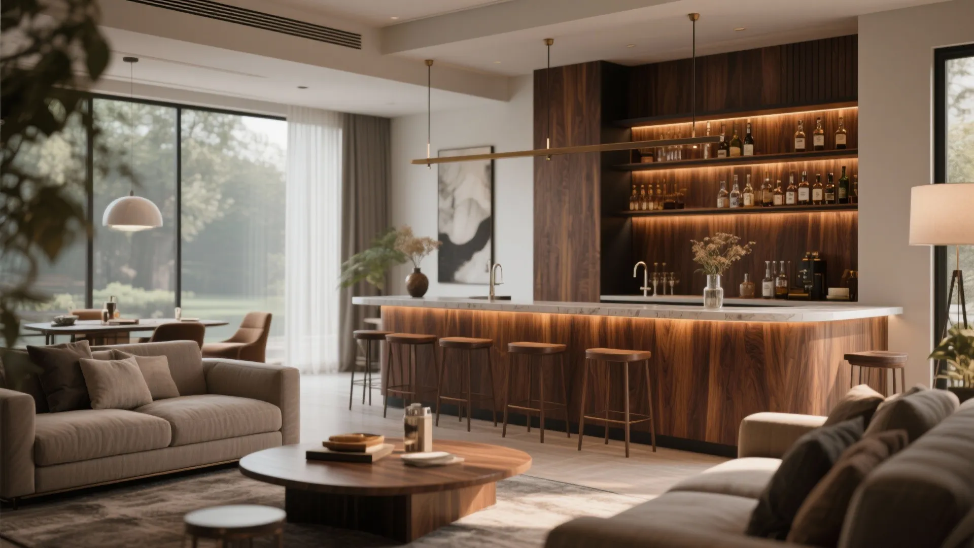 Modern open living room with dark wood bar counter stools brown sofa and round coffee table