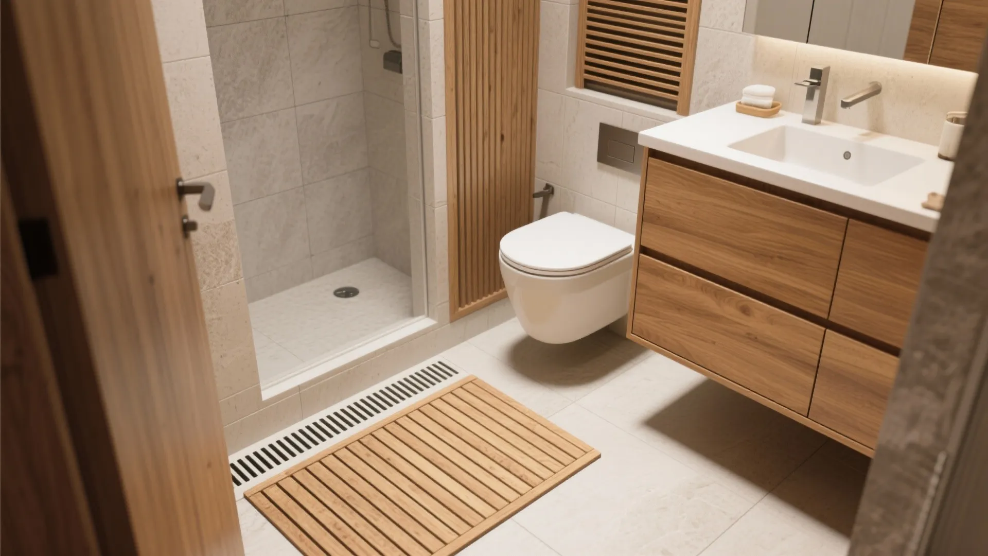 Modern bathroom featuring a wood cabinet white sink toilet walk in shower and wooden mat