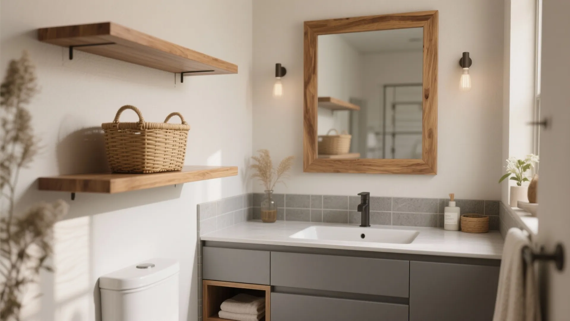 Bathroom interior with grey cabinet wooden shelves wicker basket wall light white sink and wood mirror