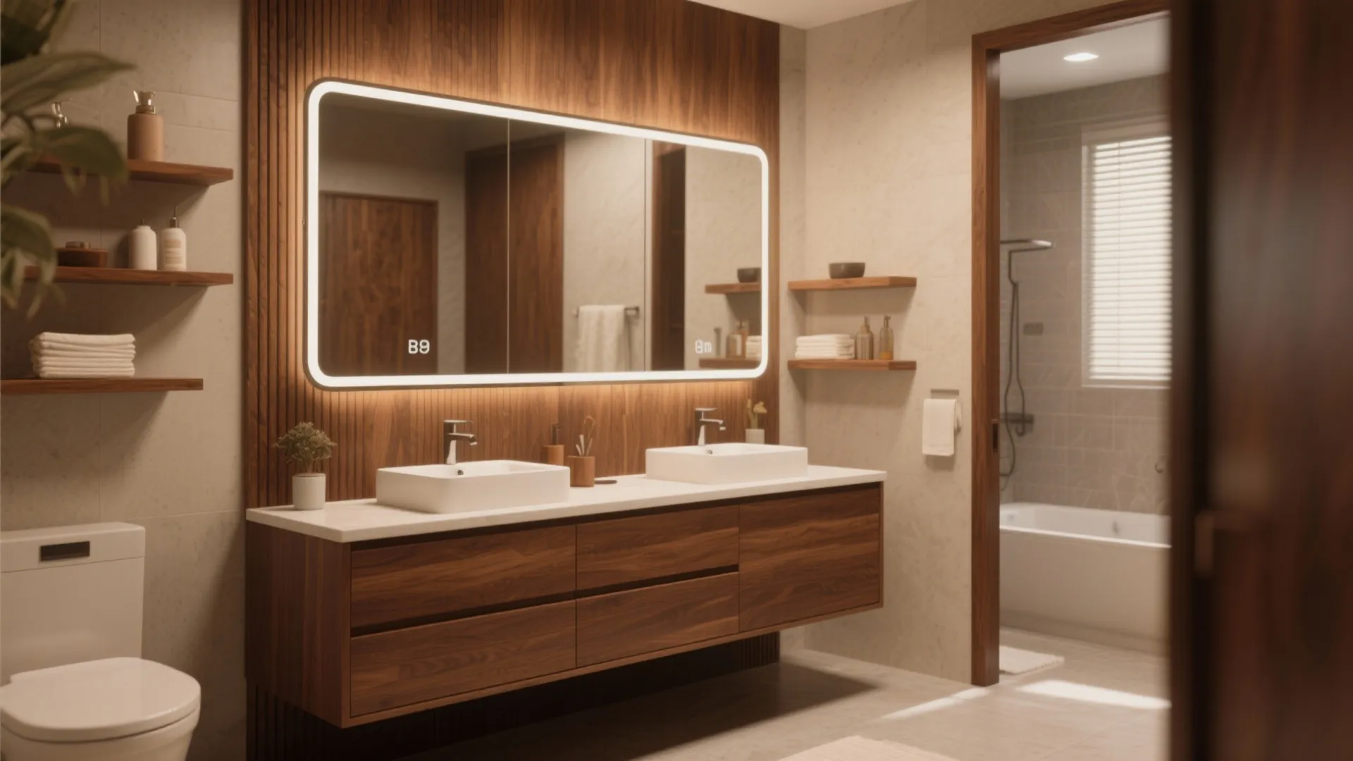 Modern bathroom interior featuring double sinks wood wall panels large lighted mirror and a white toilet