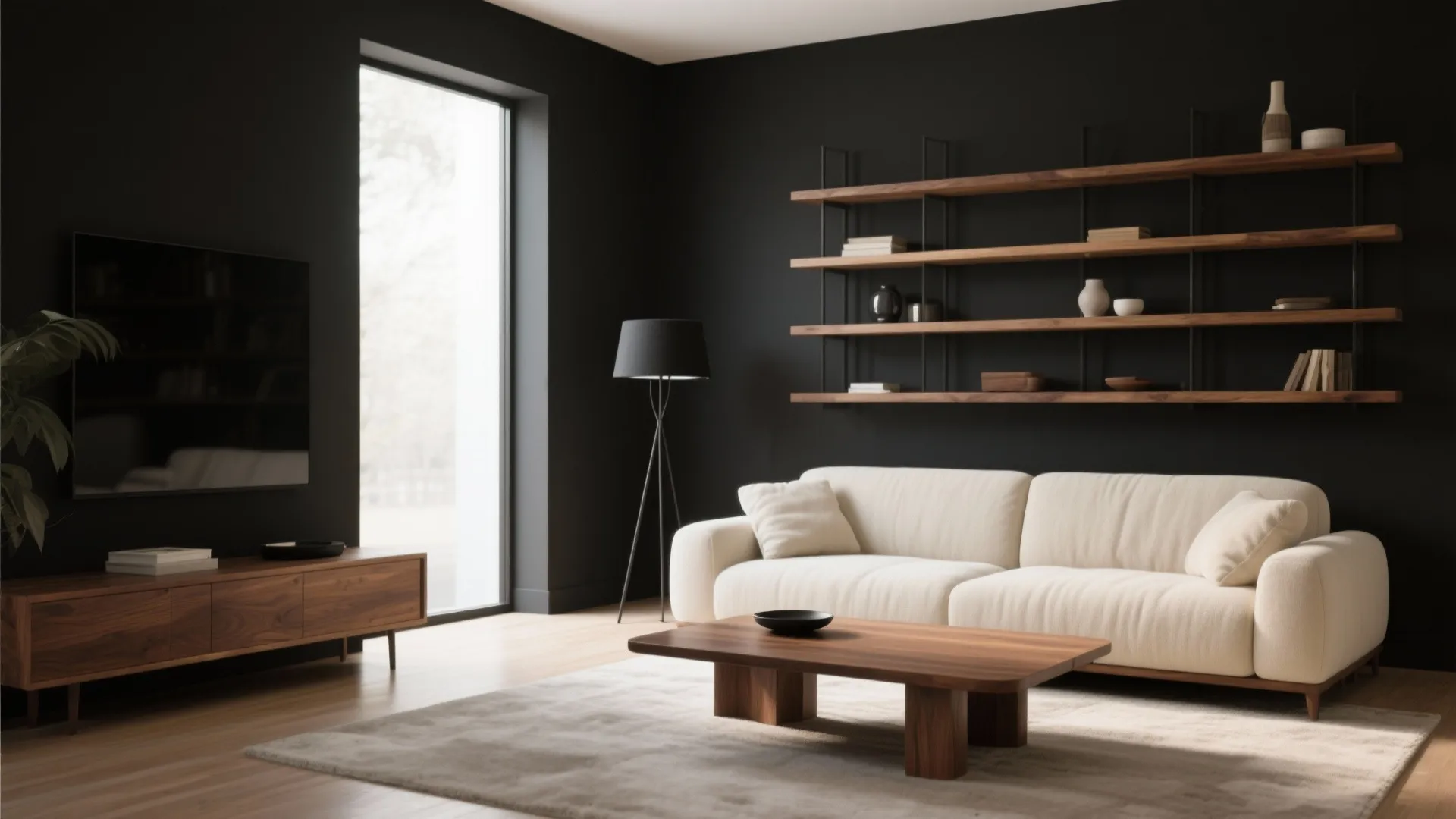 Black and cream room with warm oak and walnut accents