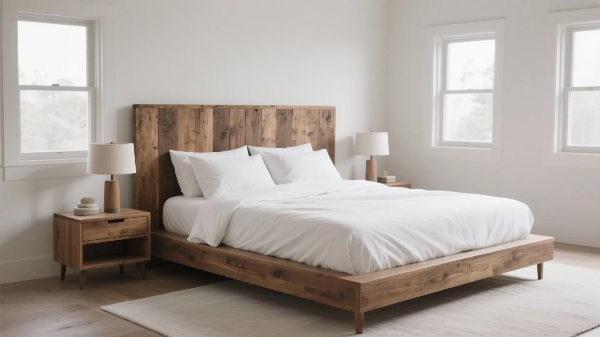 White king bed with warm walnut headboard and matching bedside tables under soft daylight.