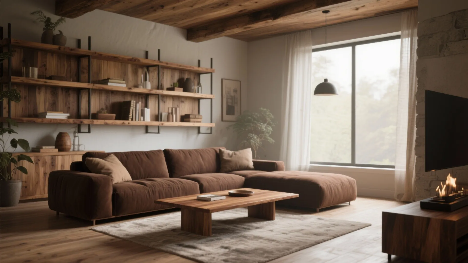 Brown sofa with matching wood coffee table and shelves