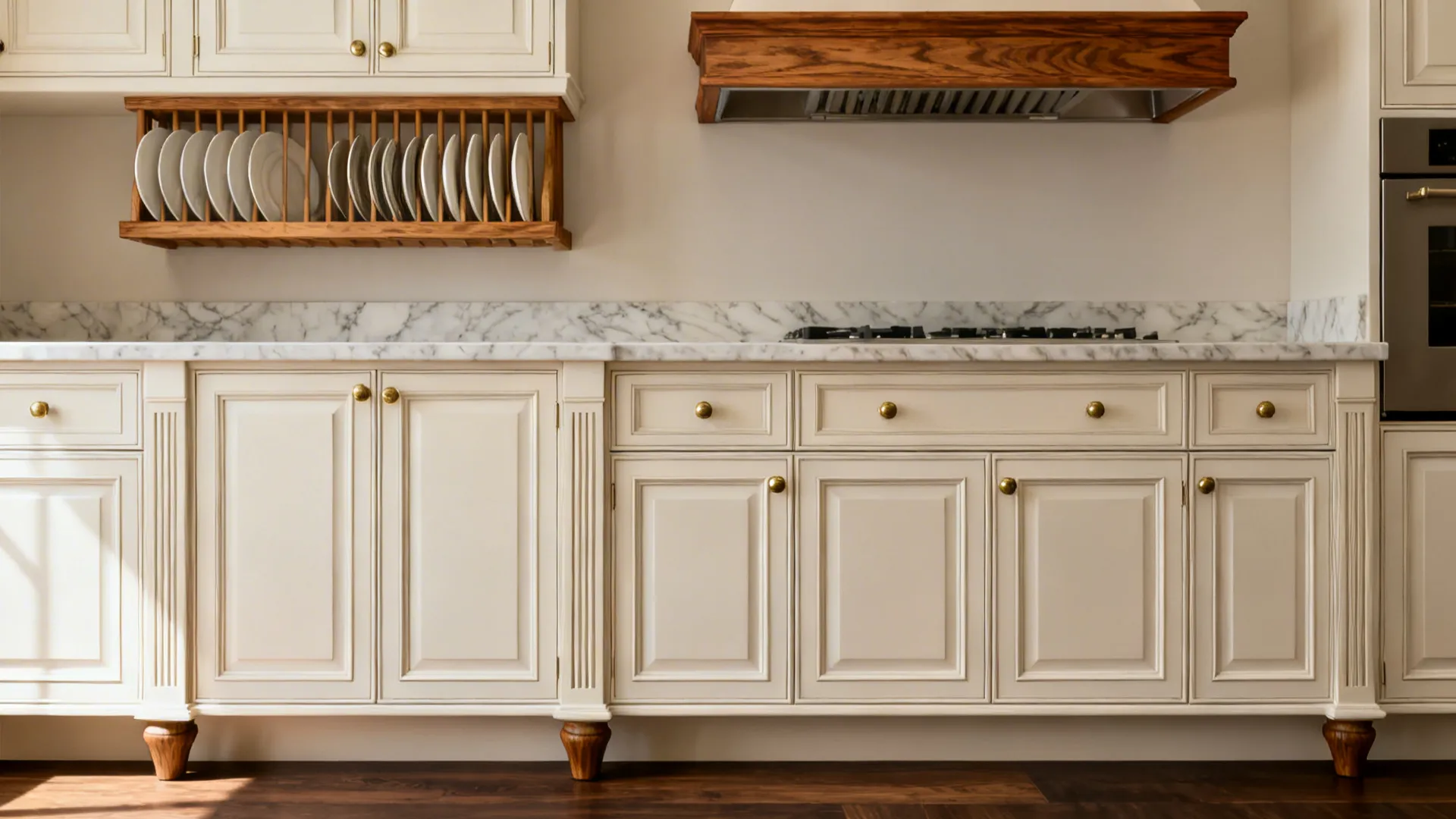 Classical kitchen with rift-cut oak plate rack and wood-trimmed hood balancing off-white framed cabinetry.