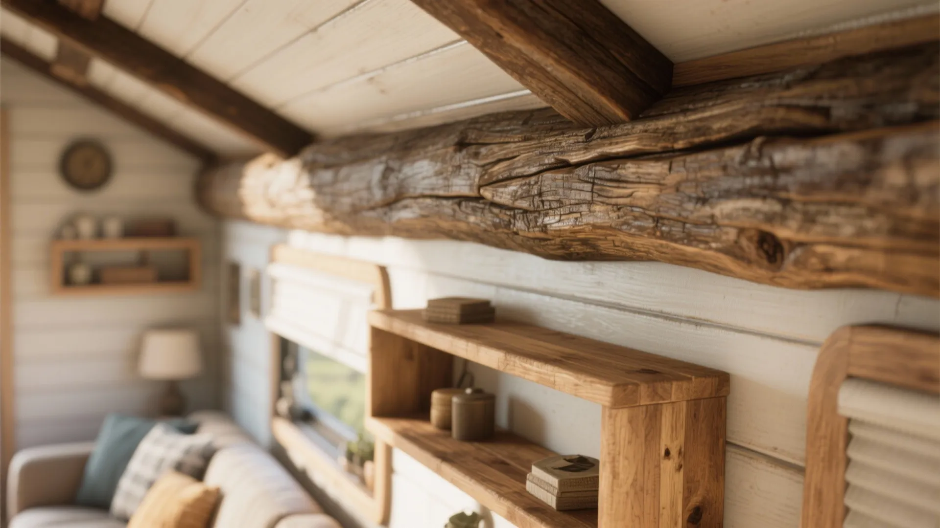 Rustic wood beam on ceiling with wooden wall shelves and grey sofa in cozy room