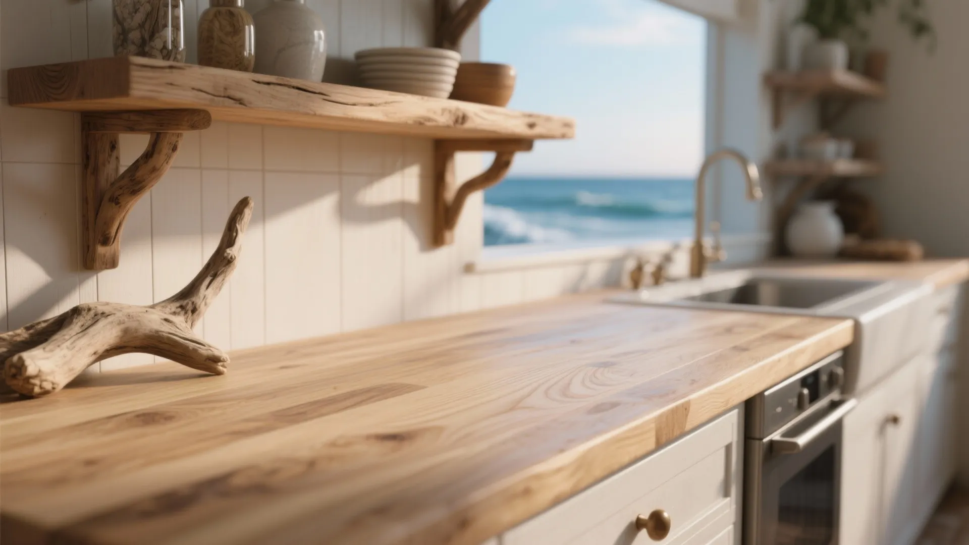 Coastal kitchen with wood counter wooden wall shelves sink and window view of the sea