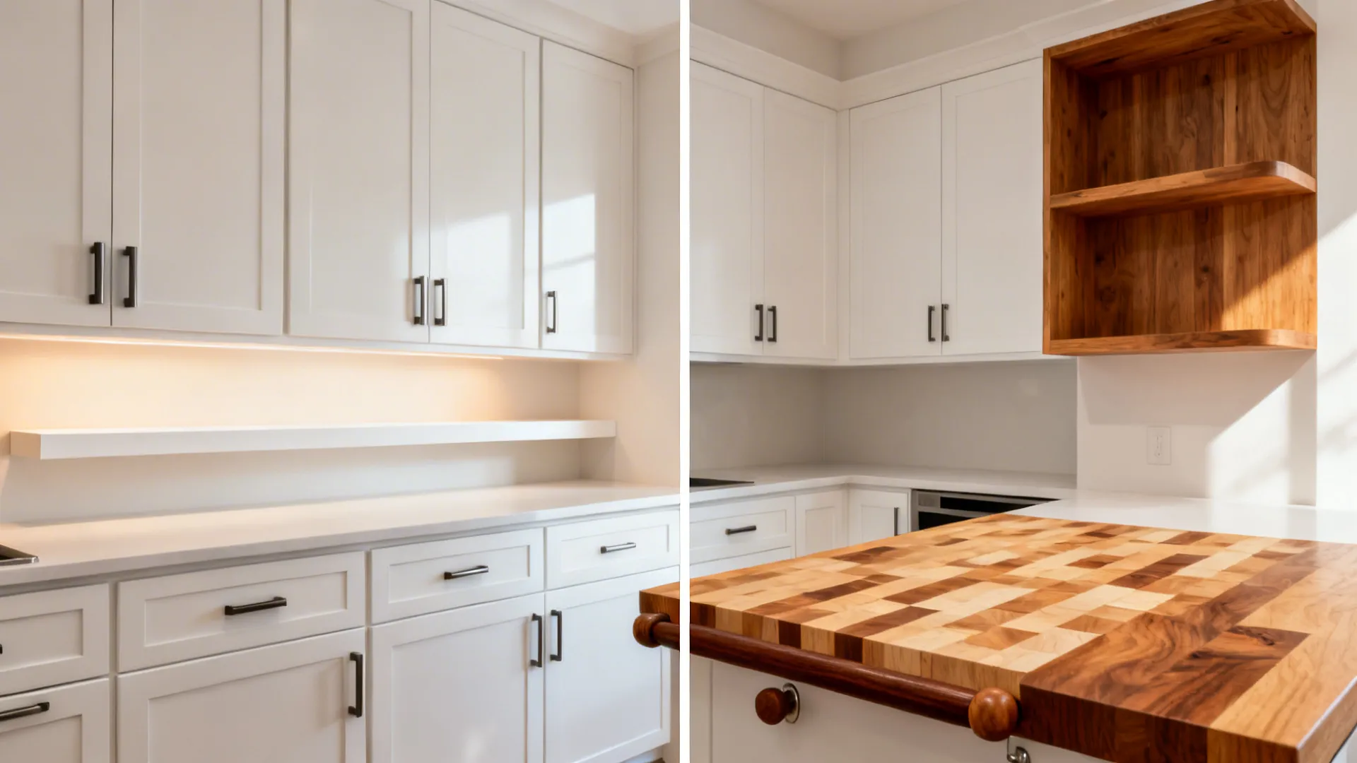 Before-and-after small kitchen showing wood shelves and knobs adding warmth to white cabinets.