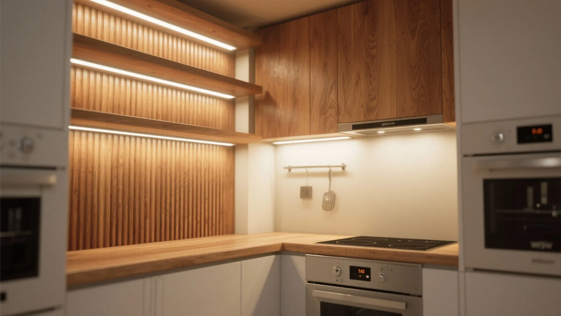 Warm wood accents with concealed wall lighting