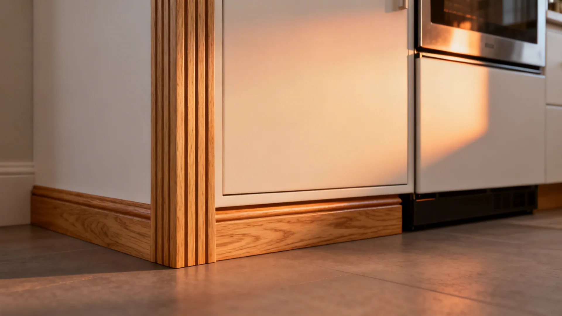 White kitchen cabinet with wooden floor trim and wood panel detail under warm sunset light
