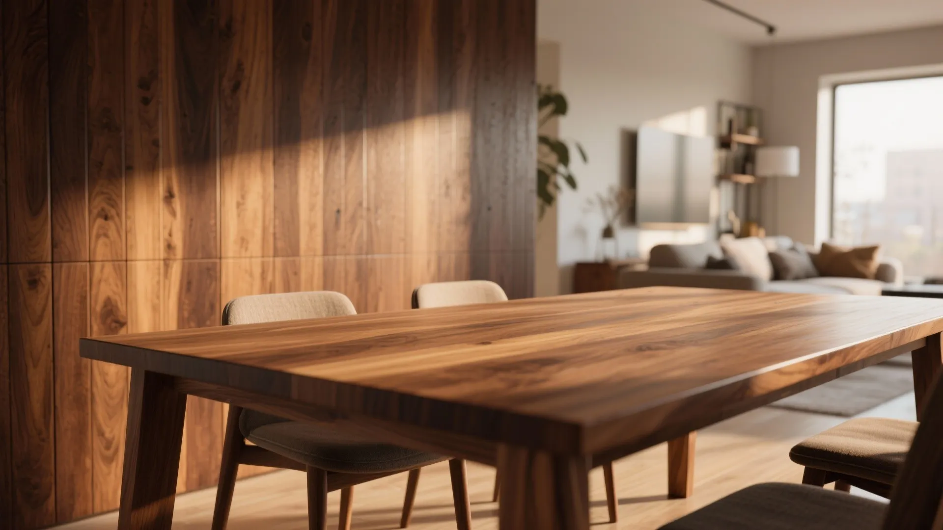 Close up of a wooden dining table with chairs next to a dark wood wall panel