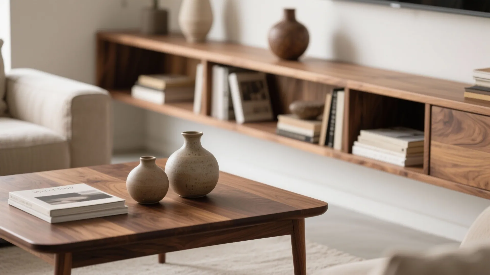 Close-up of walnut coffee table and oak shelves in daylight
