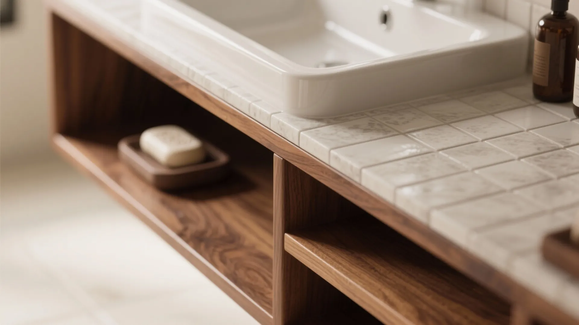 Close up of white tiled bathroom sink with wooden shelves soap dish and small glass bottle