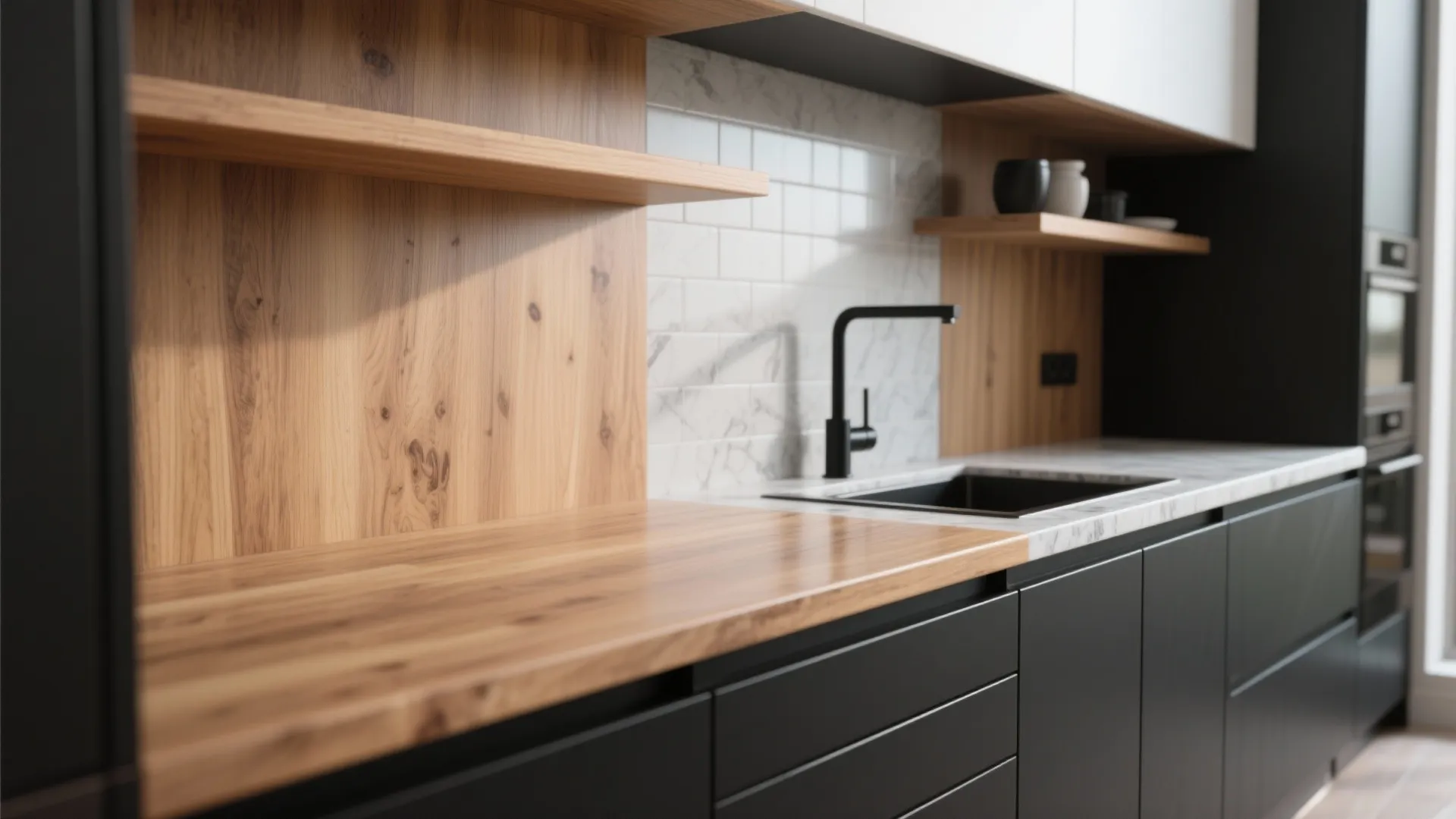 1. High-Contrast Monochrome with Warm Wood Accents