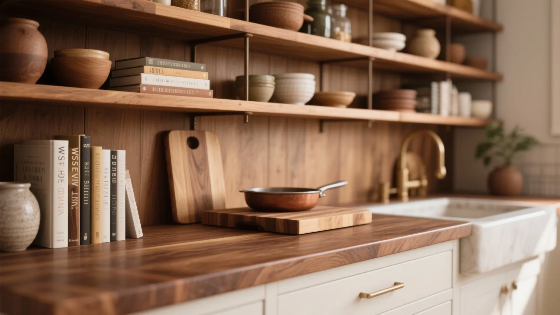 Modern kitchen with wood countertop white cabinets wooden open shelves small pan and white farmhouse sink