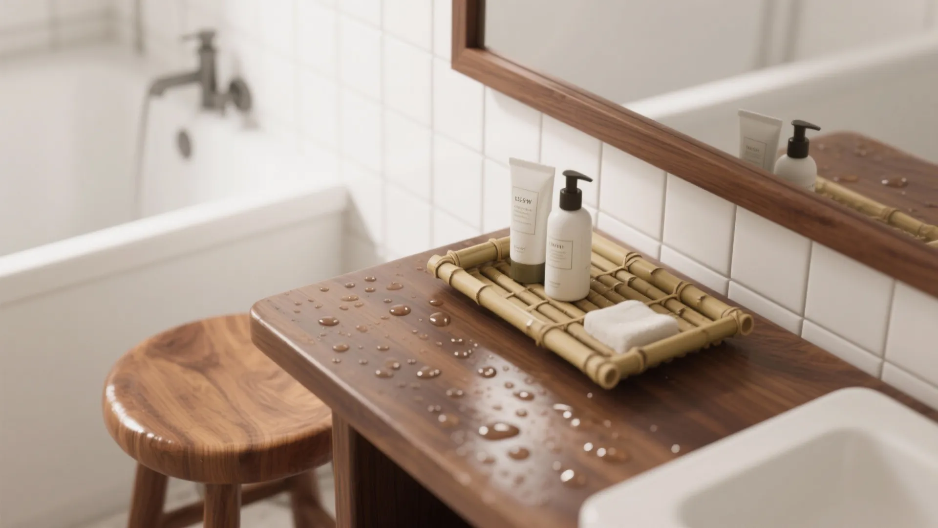 Close up of bathroom wood counter with water drops bamboo tray soap and skincare bottles