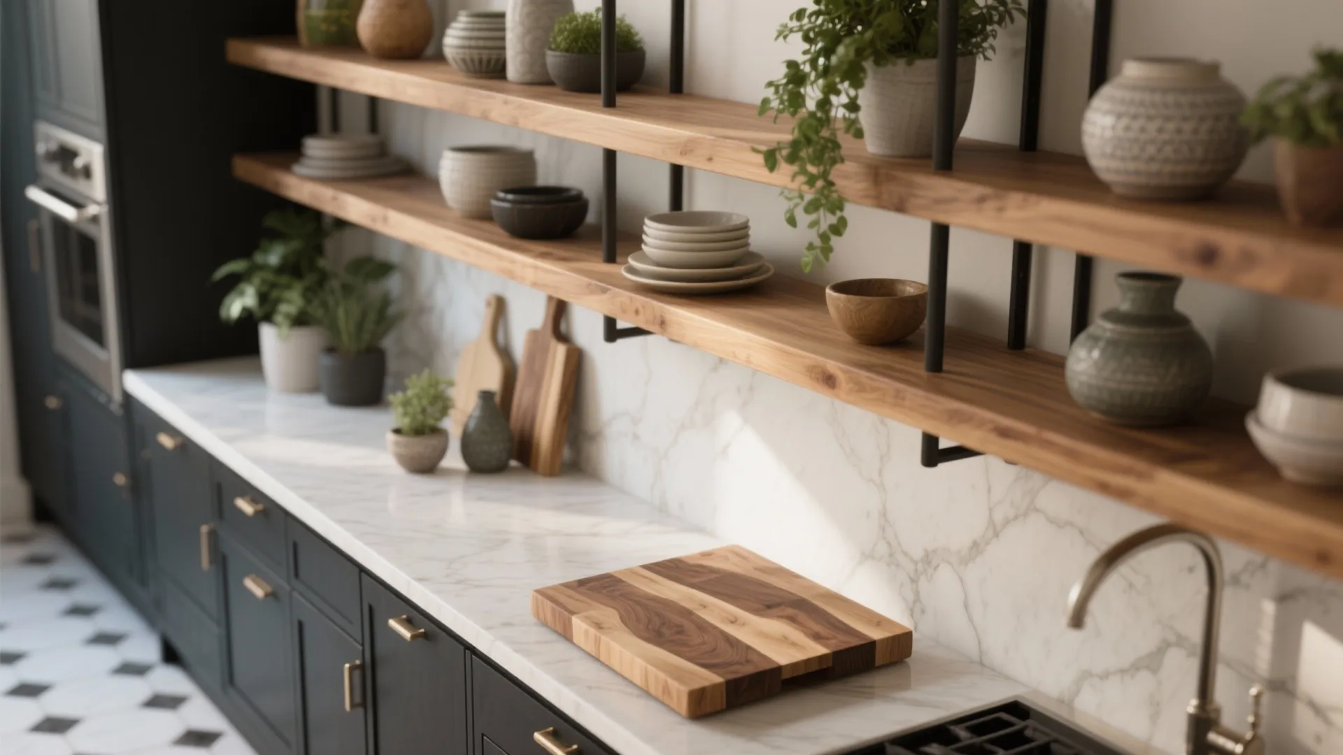 Close up of wooden shelves with plants pottery and cutting board on marble kitchen counter