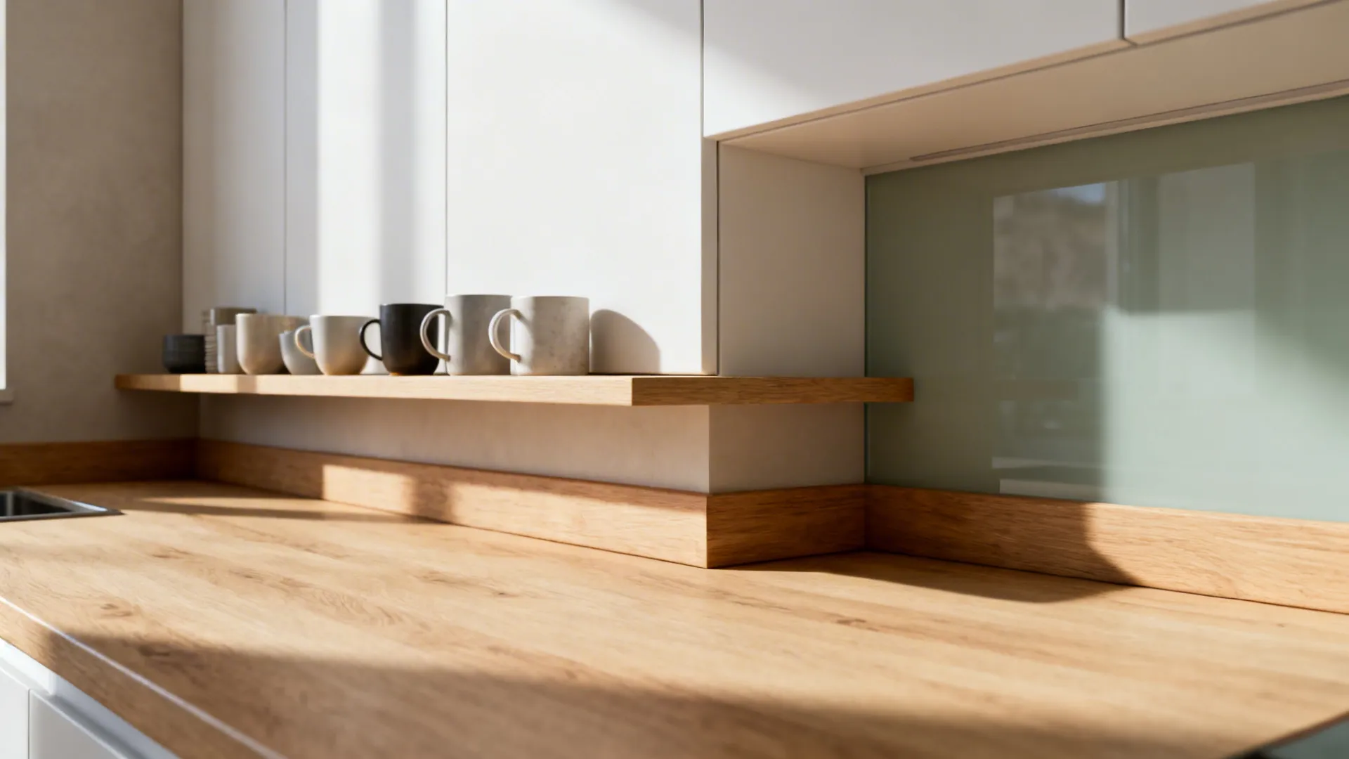 Close-up of a light oak shelf and toe-kick warming matte white cabinetry in a small kitchen.