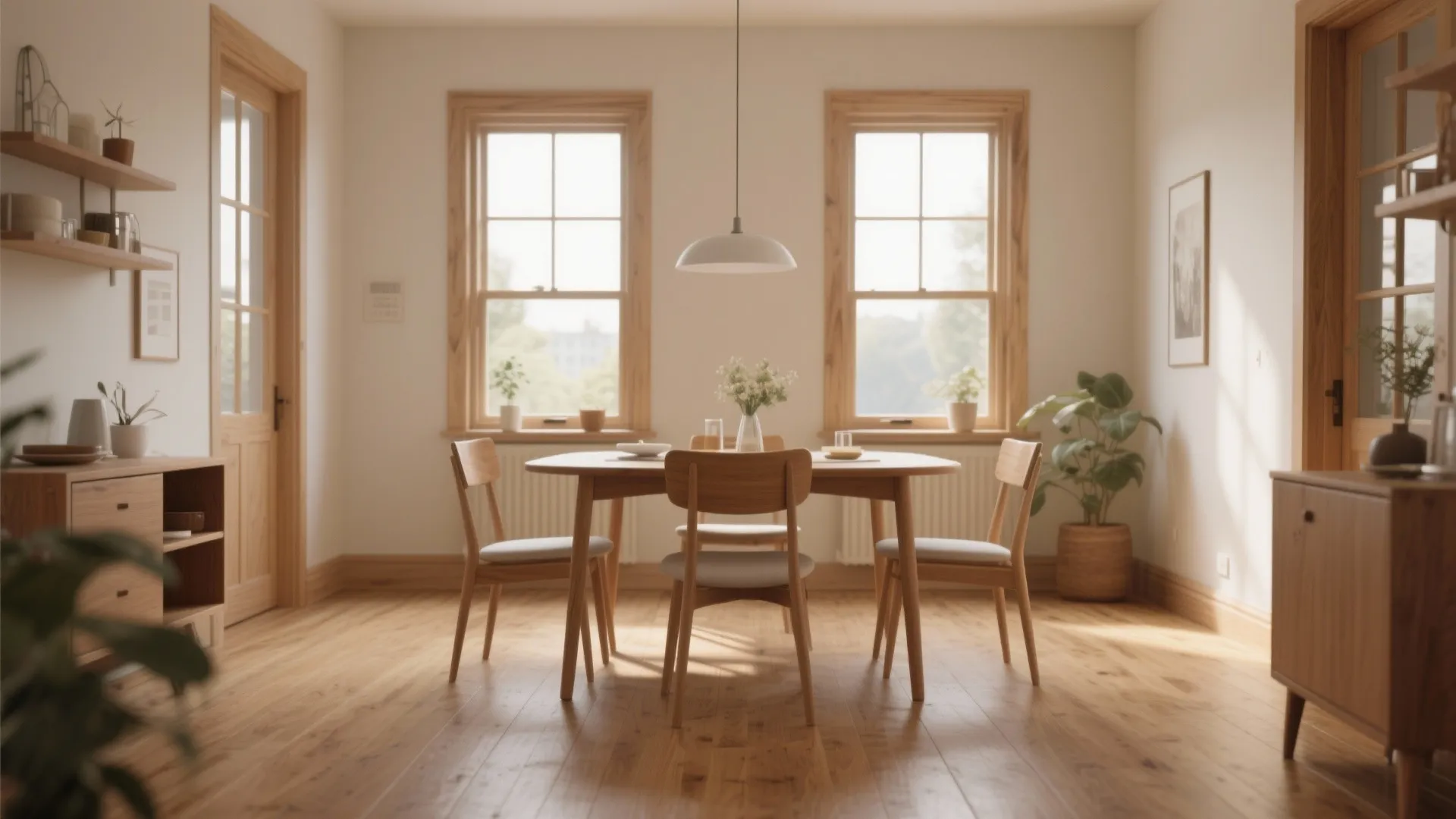 Bright dining room with wooden table four chairs white ceiling light and two large sunny windows