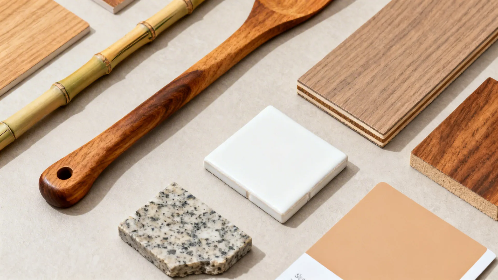 Flatlay of teak handles, bamboo rail, wood laminates, granite, and tile for warm kitchen accents.