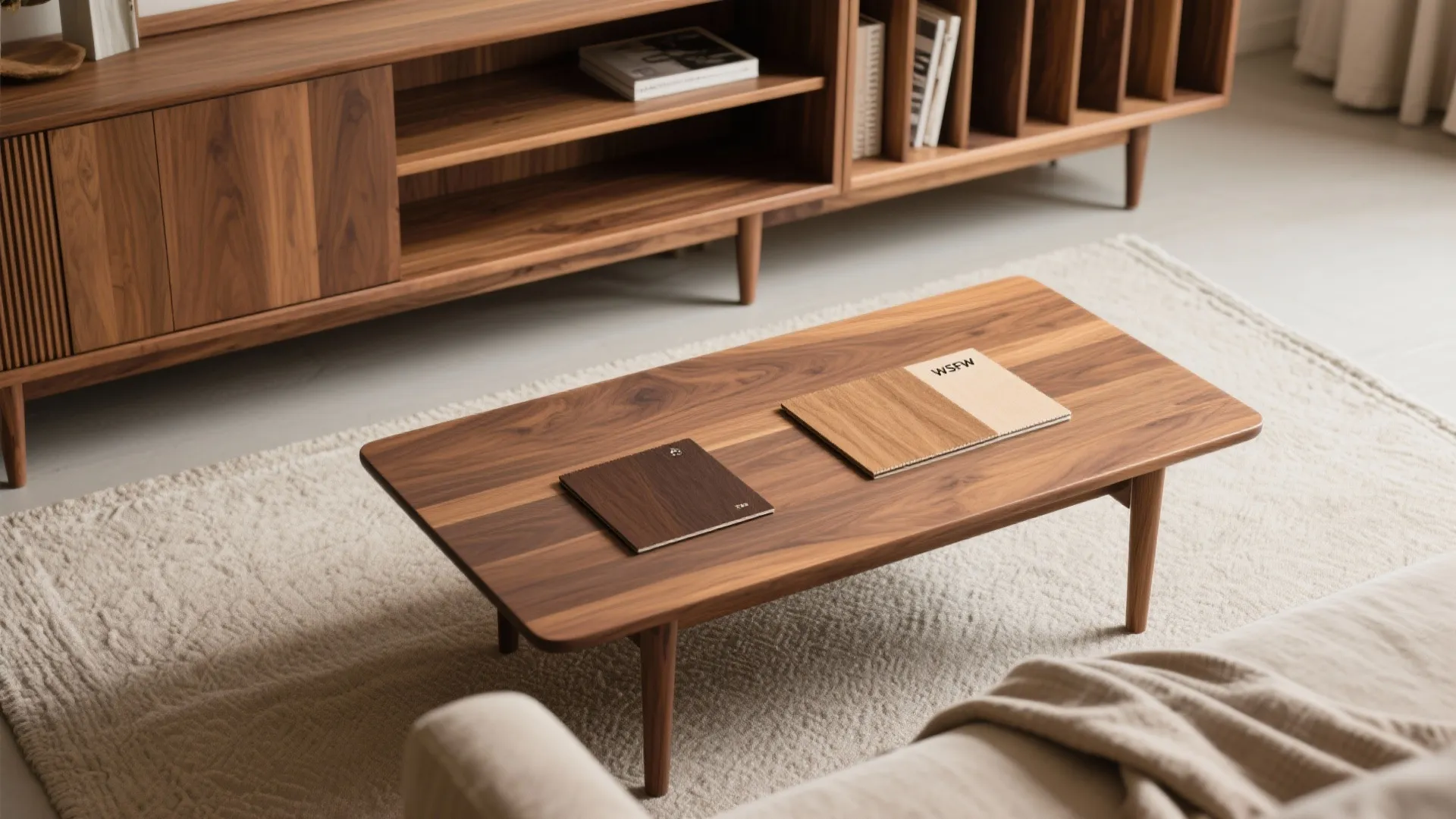 Wooden coffee table with material samples placed on a textured rug near a wooden cabinet