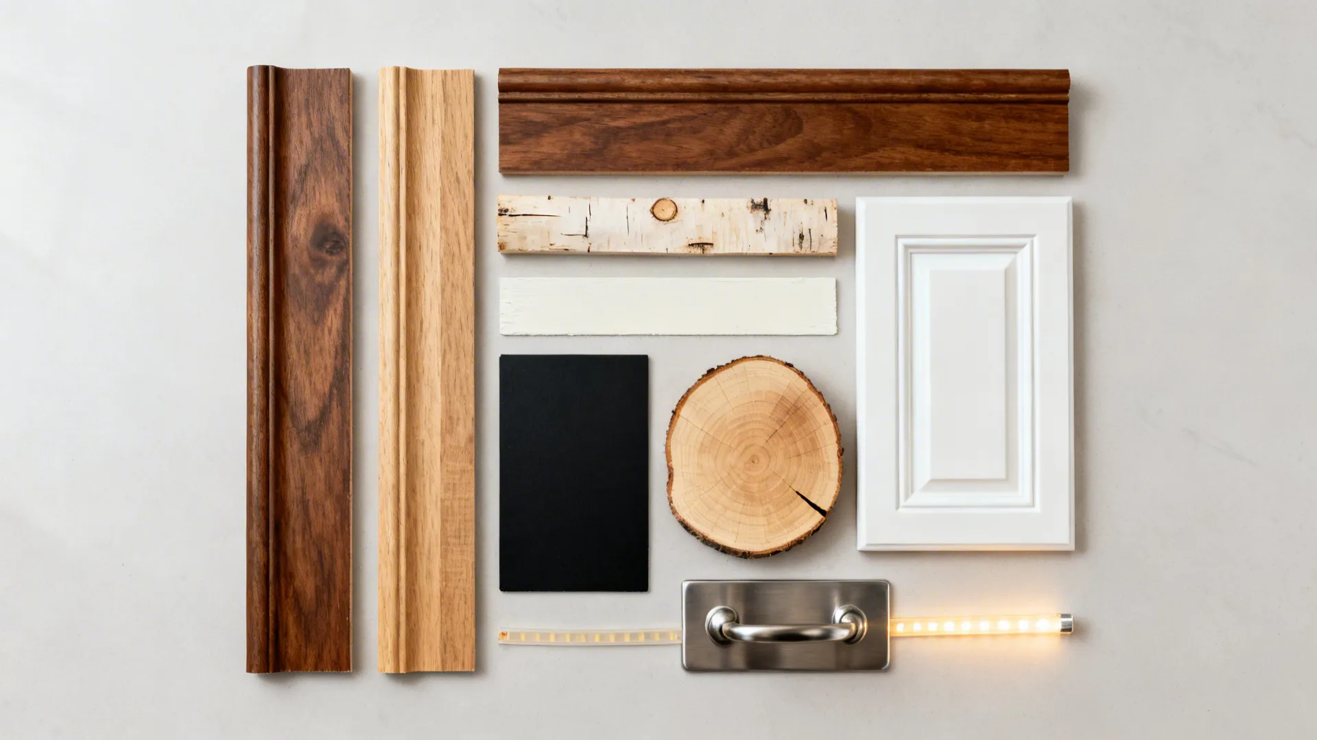 Top-down material board with walnut, oak, birch, off-white paint, butcher block, and hardware.
