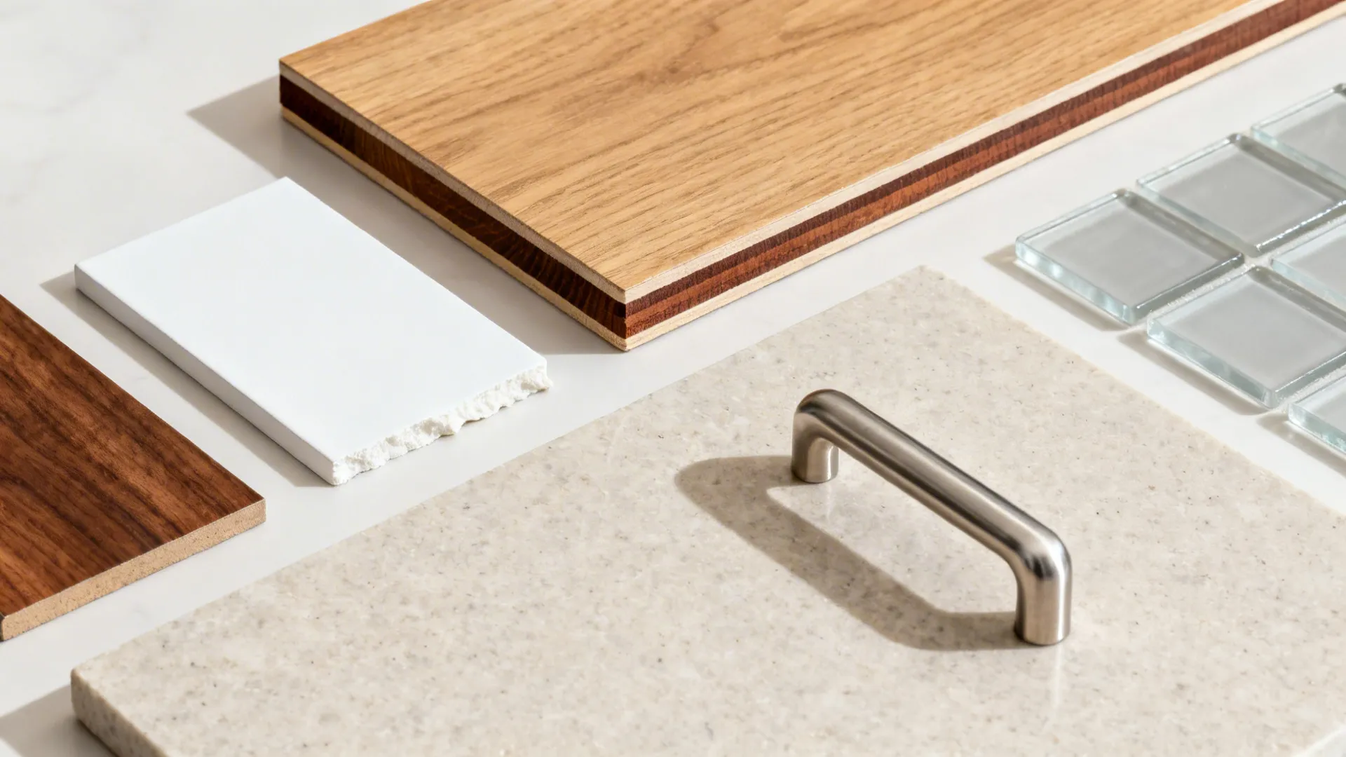 Flat lay of rift oak, walnut, matte white fronts, light gray glass, stainless pull, and quartz.