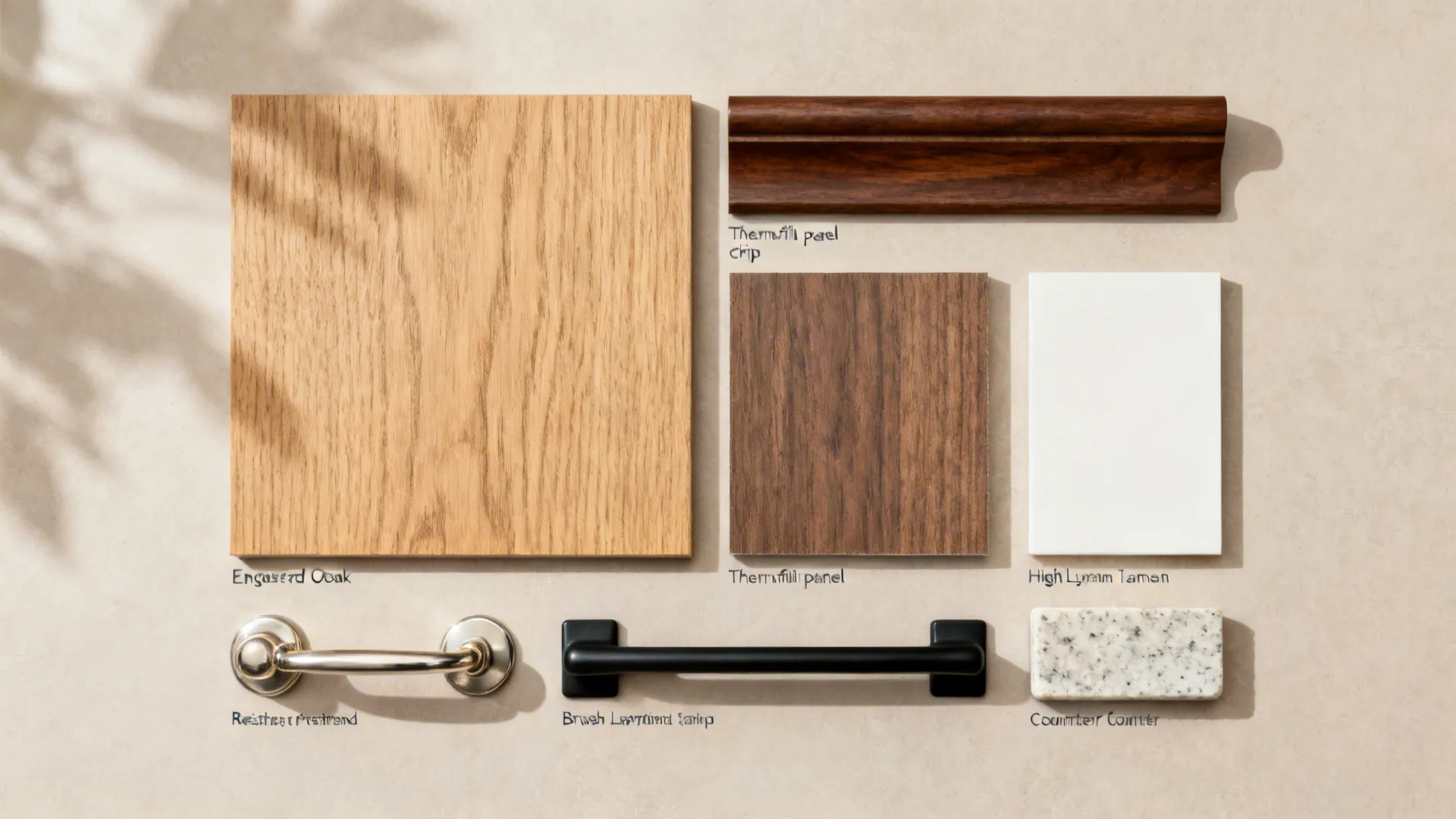 Flat lay of engineered oak veneer, walnut rail, thermofoil, HPL, hardware, and quartz sample in warm tones.