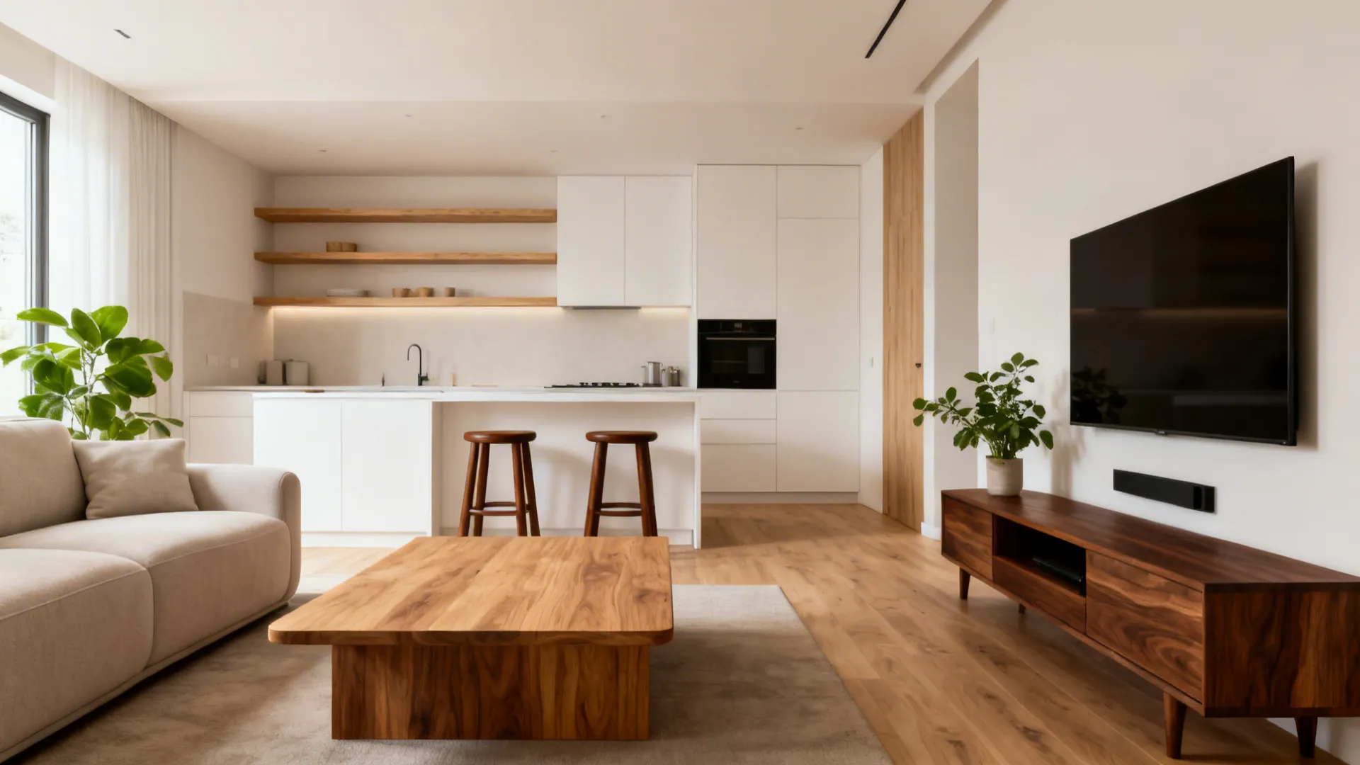 Open-plan living room with wooden floor coffee table beige sofa and white kitchen island stools