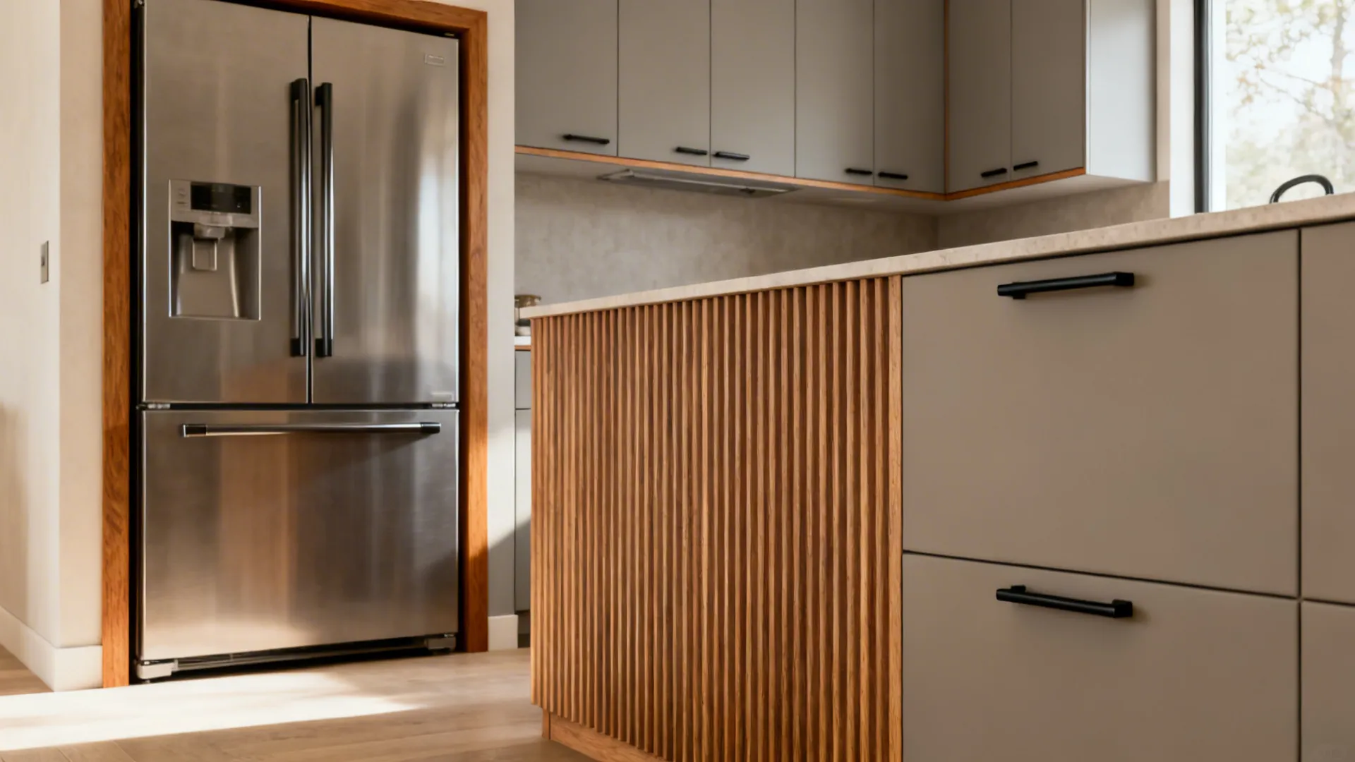 Stainless steel fridge with wood frame next to kitchen island featuring vertical wood slat panel