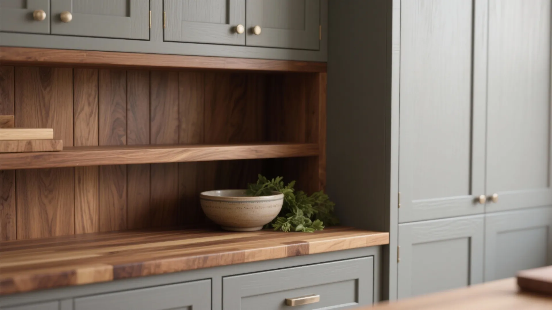 Walnut open shelf and butcher-block edge contrasted with gray shaker cabinets