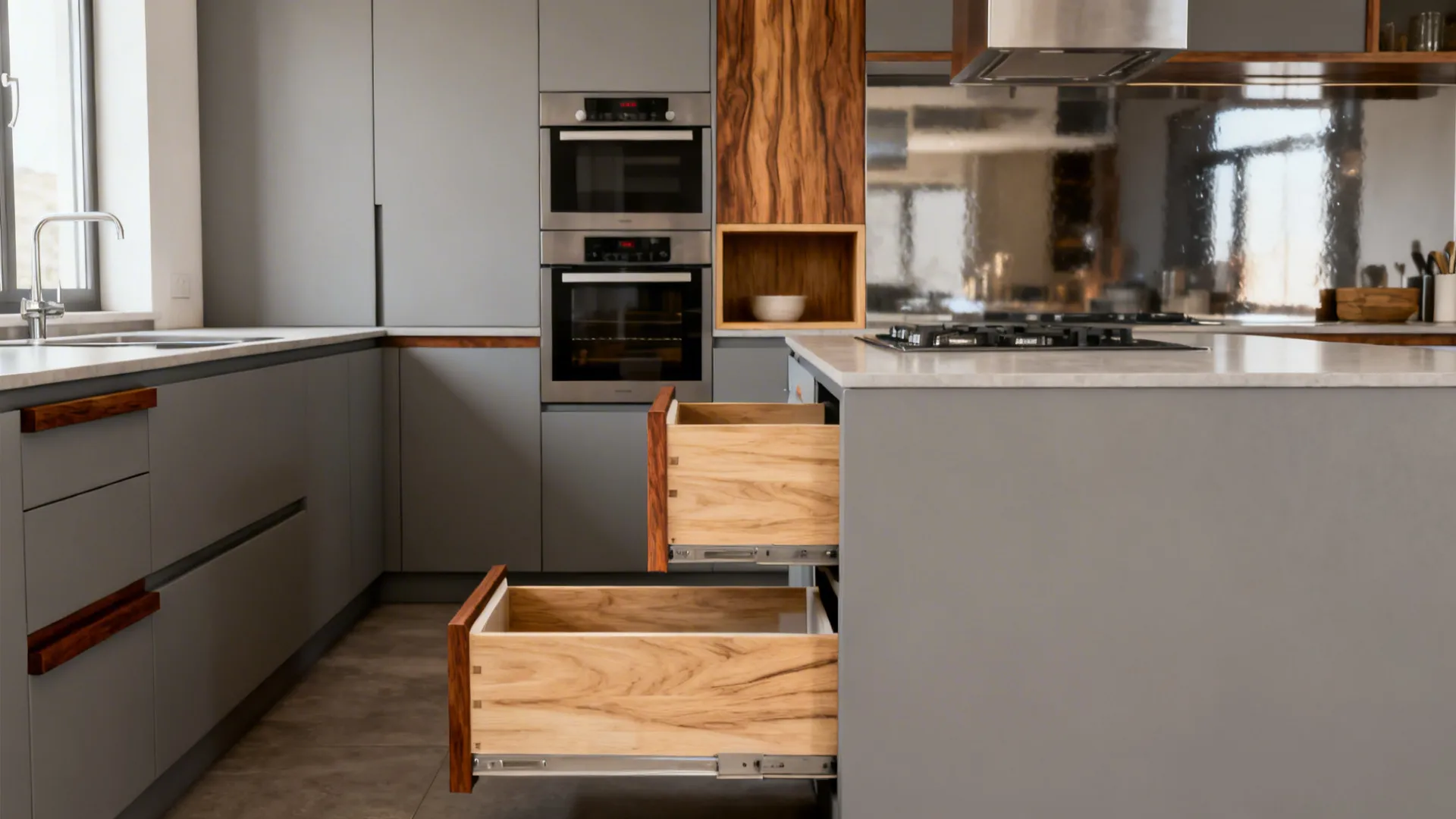 Light-gray base cabinets with walnut rail and white-oak cubby adding warmth in a compact kitchen.