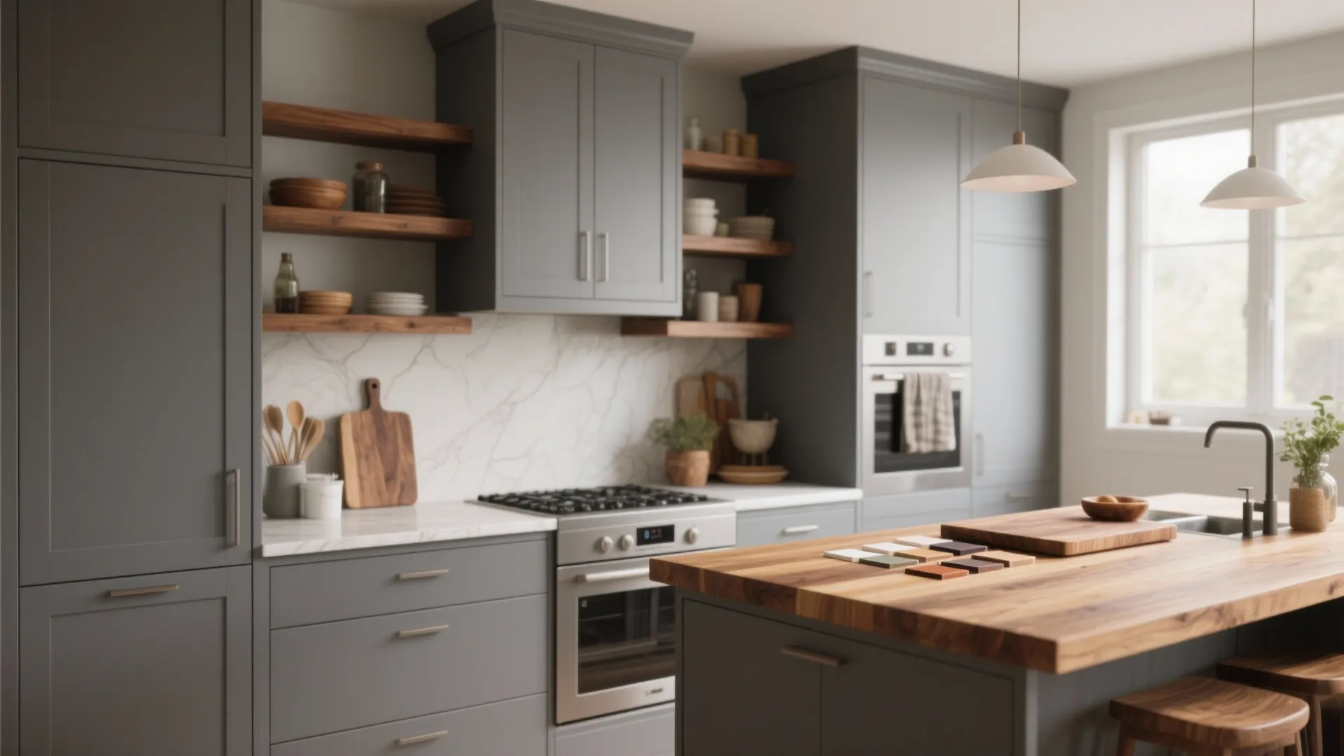 1. Warm wood accents to soften cool grey