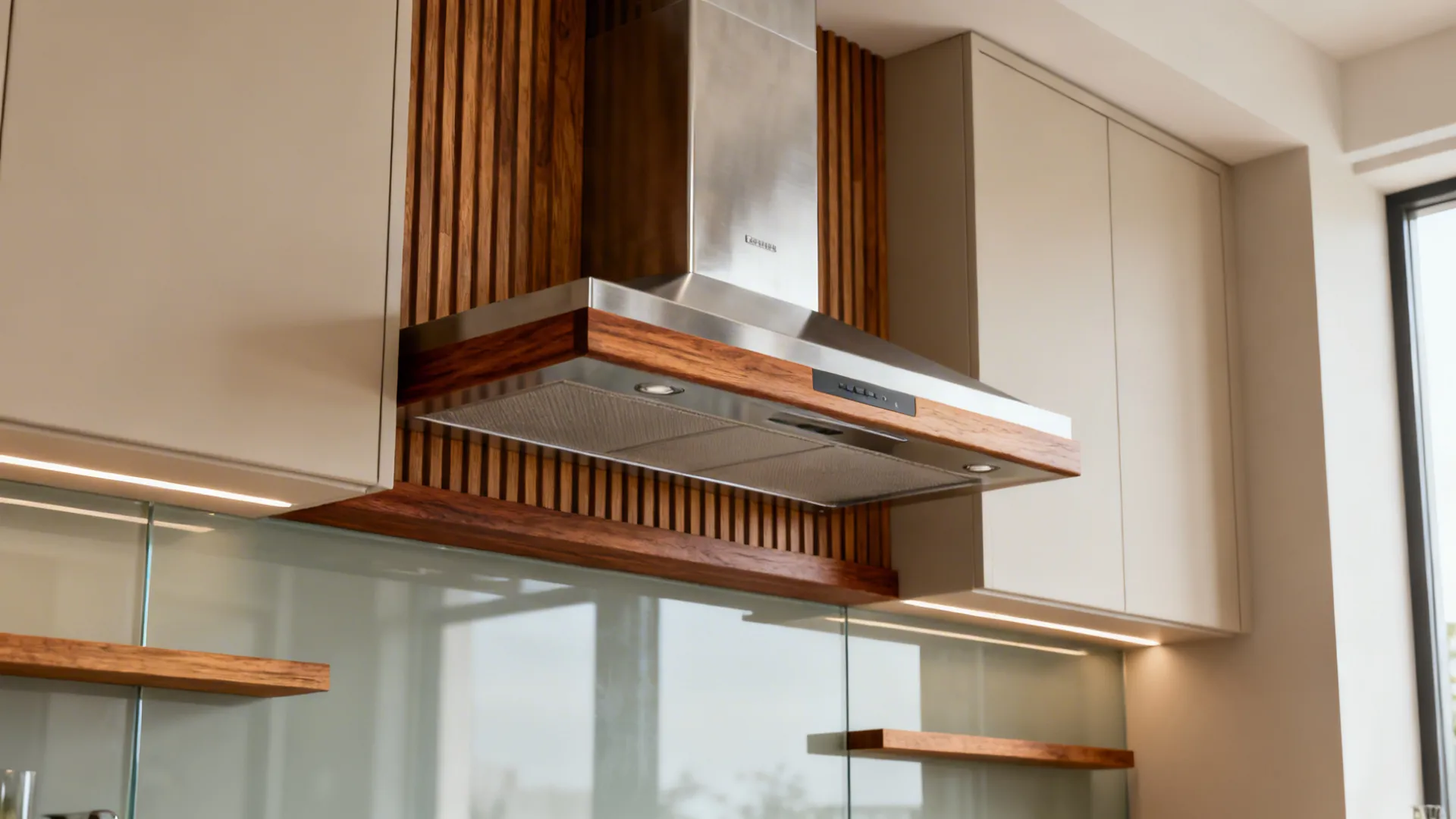Stainless electric chimney paired with walnut rail, ribbed oak panels, and a slim shelf.