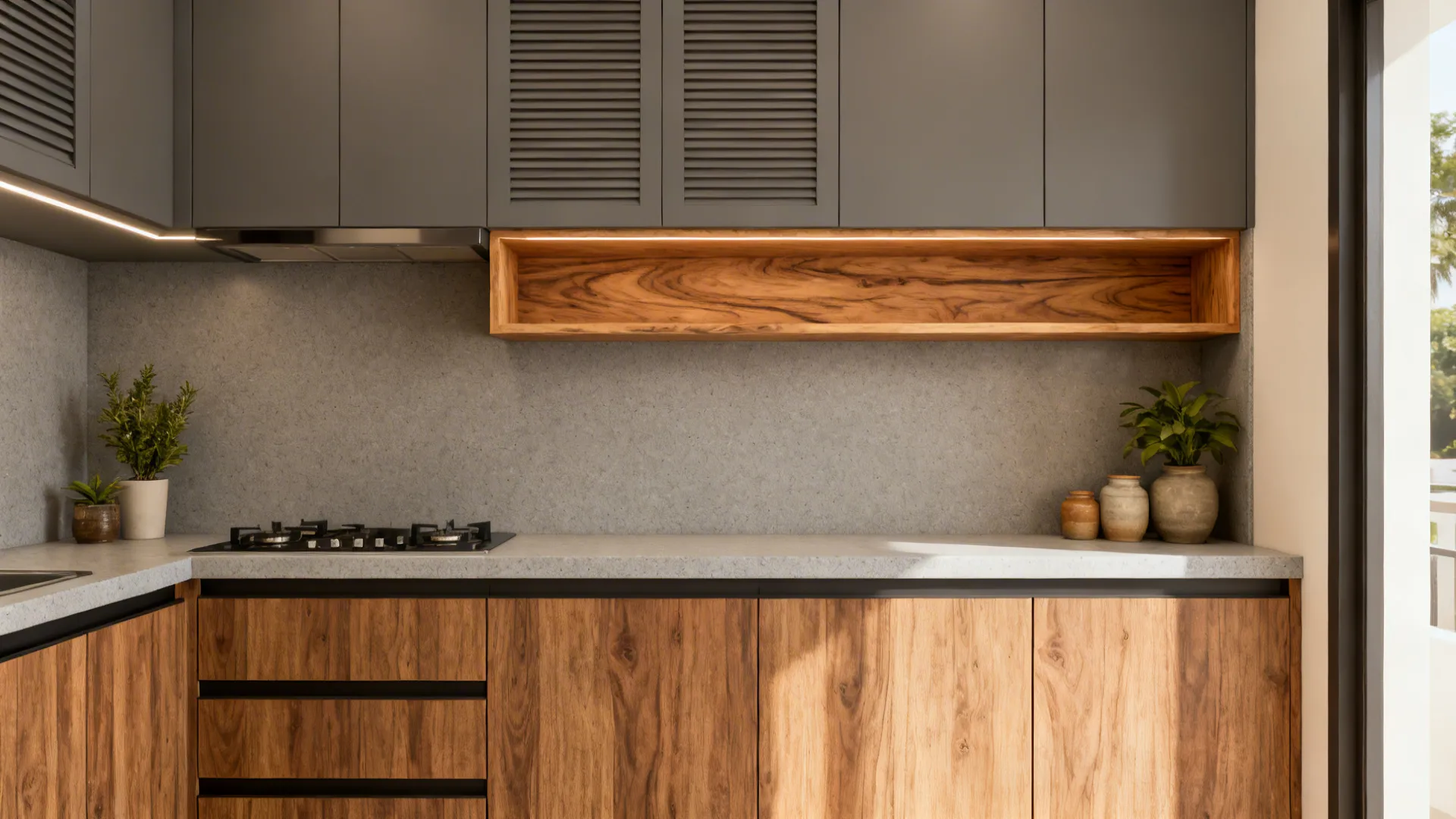 Compact kitchen with wood-look base cabinets, grey uppers, quartz top, and a real-wood open shelf.