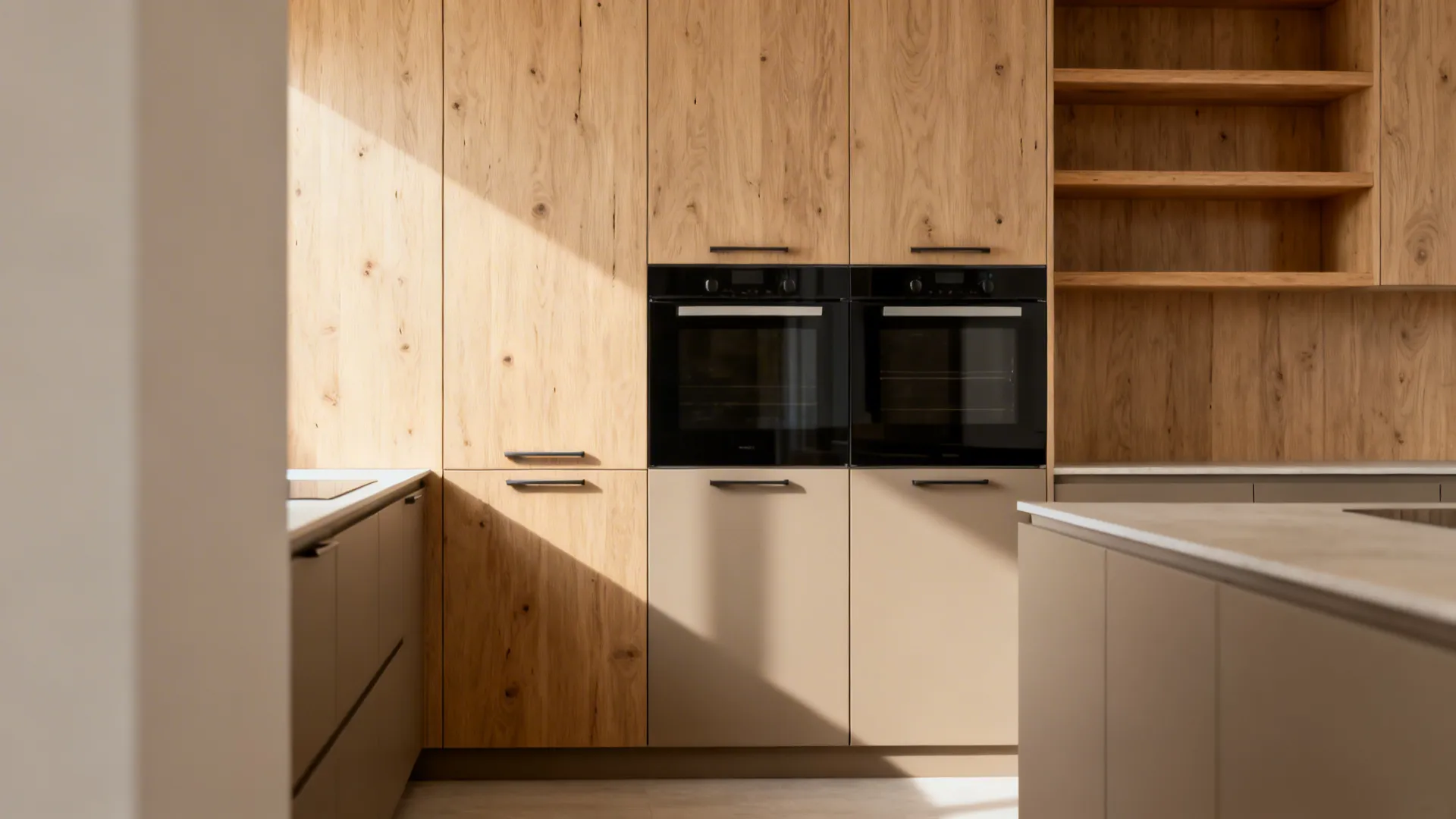 Kitchen with light oak veneer panels and matte neutral cabinets under soft daylight.
