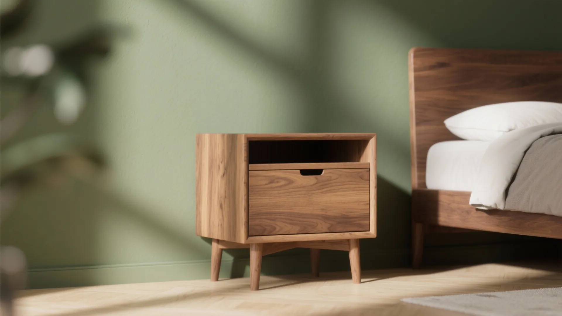 Wooden bedside furniture against khaki green wall