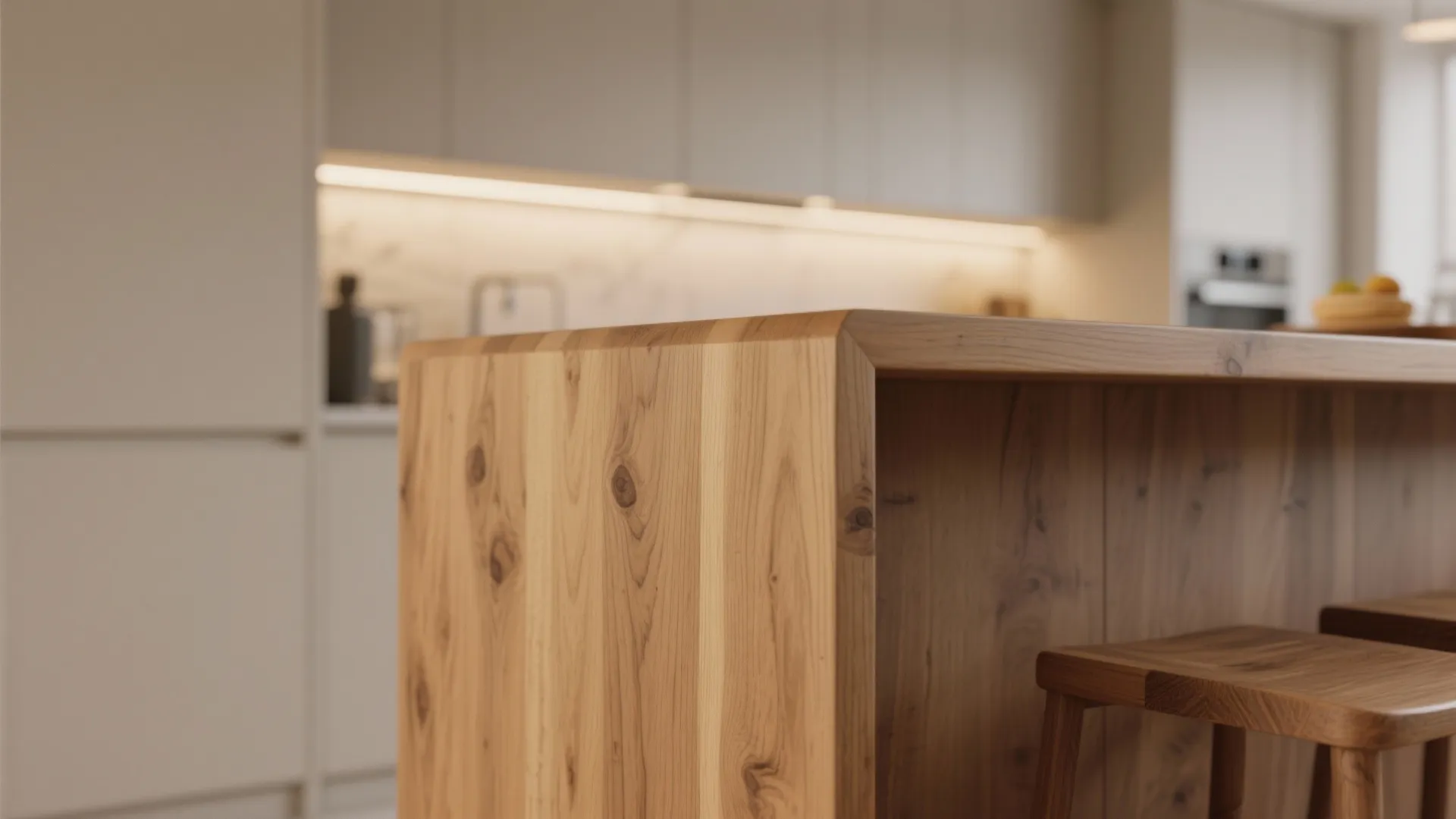 Close up view of a wooden kitchen island corner with matching stools and blurred background