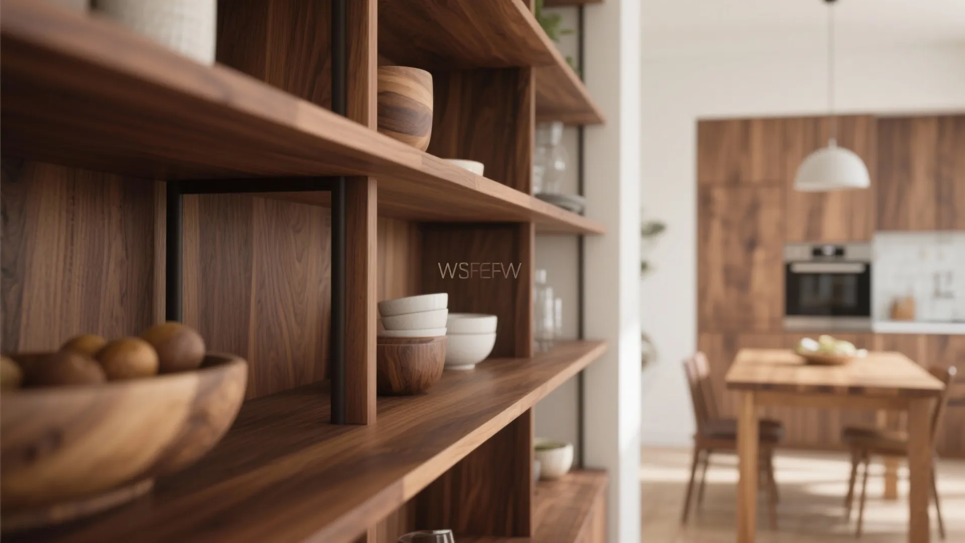 Close up of wooden open shelves with bowls and blurry dining table in the background