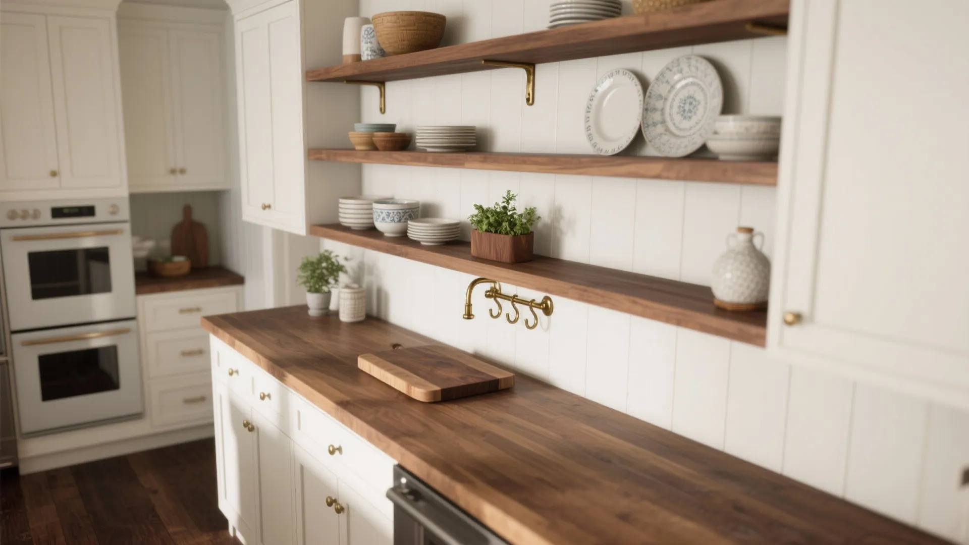 Kitchen close-up showing mid-tone wood shelving and butcher-block island with white cabinets and dark floors.