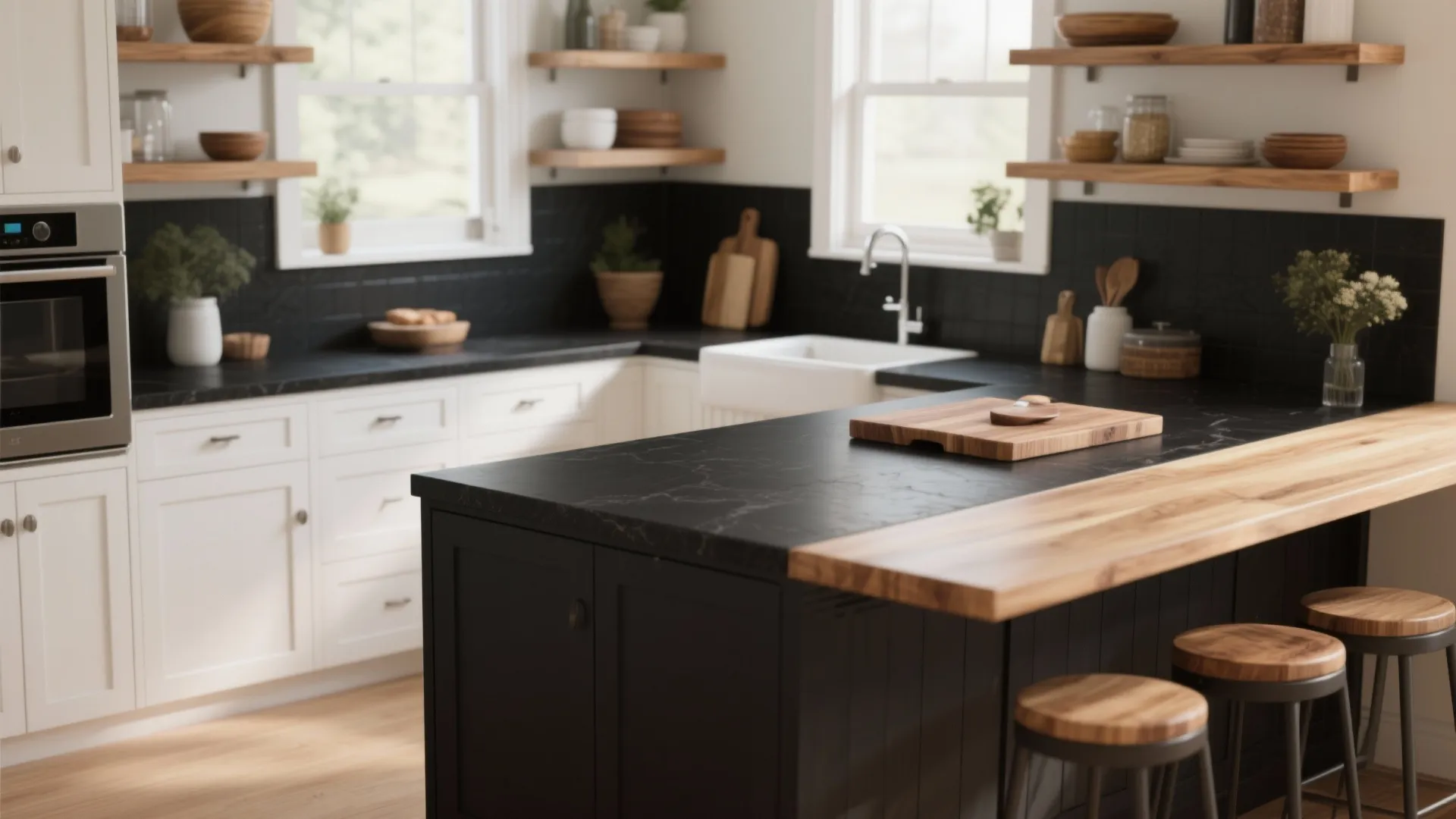 Kitchen with matte black countertop, white cabinets and warm oak open shelving and butcher-block ledge.