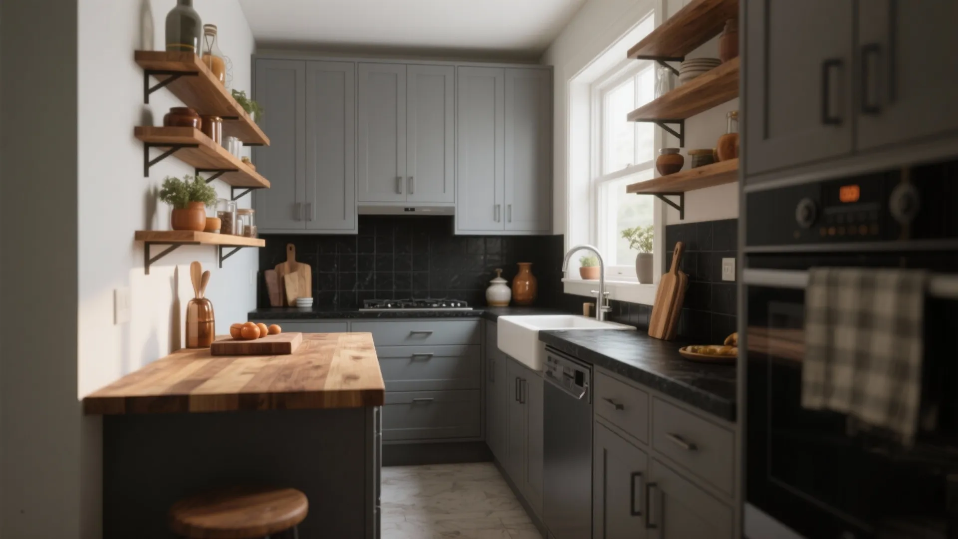 Small kitchen with gray cabinets, black countertop and warm wood open shelving and island face.