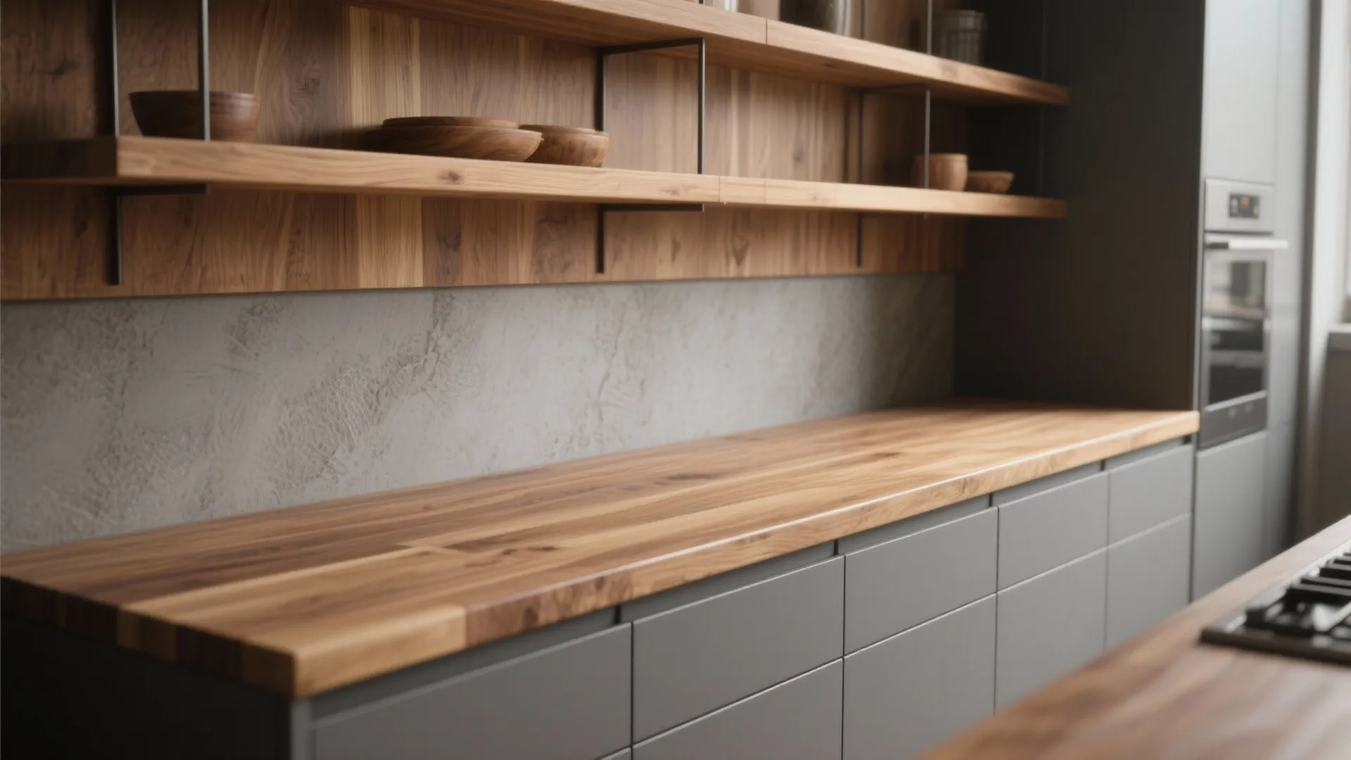 Modern kitchen with grey cabinets wooden countertop wooden open shelves and grey textured stone wall