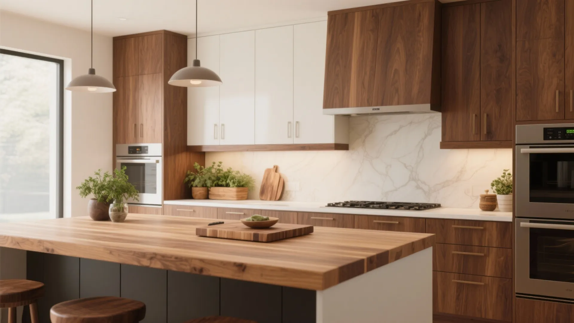 Kitchen with butcher-block island top and a slim walnut shelf tying brown cabinetry together.