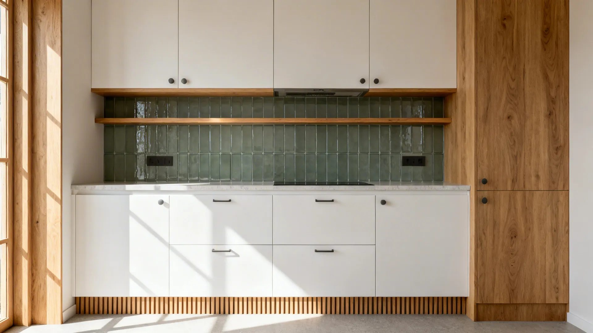 Modern kitchen with white cabinets green tile backsplash wood shelves and a tall wood cabinet