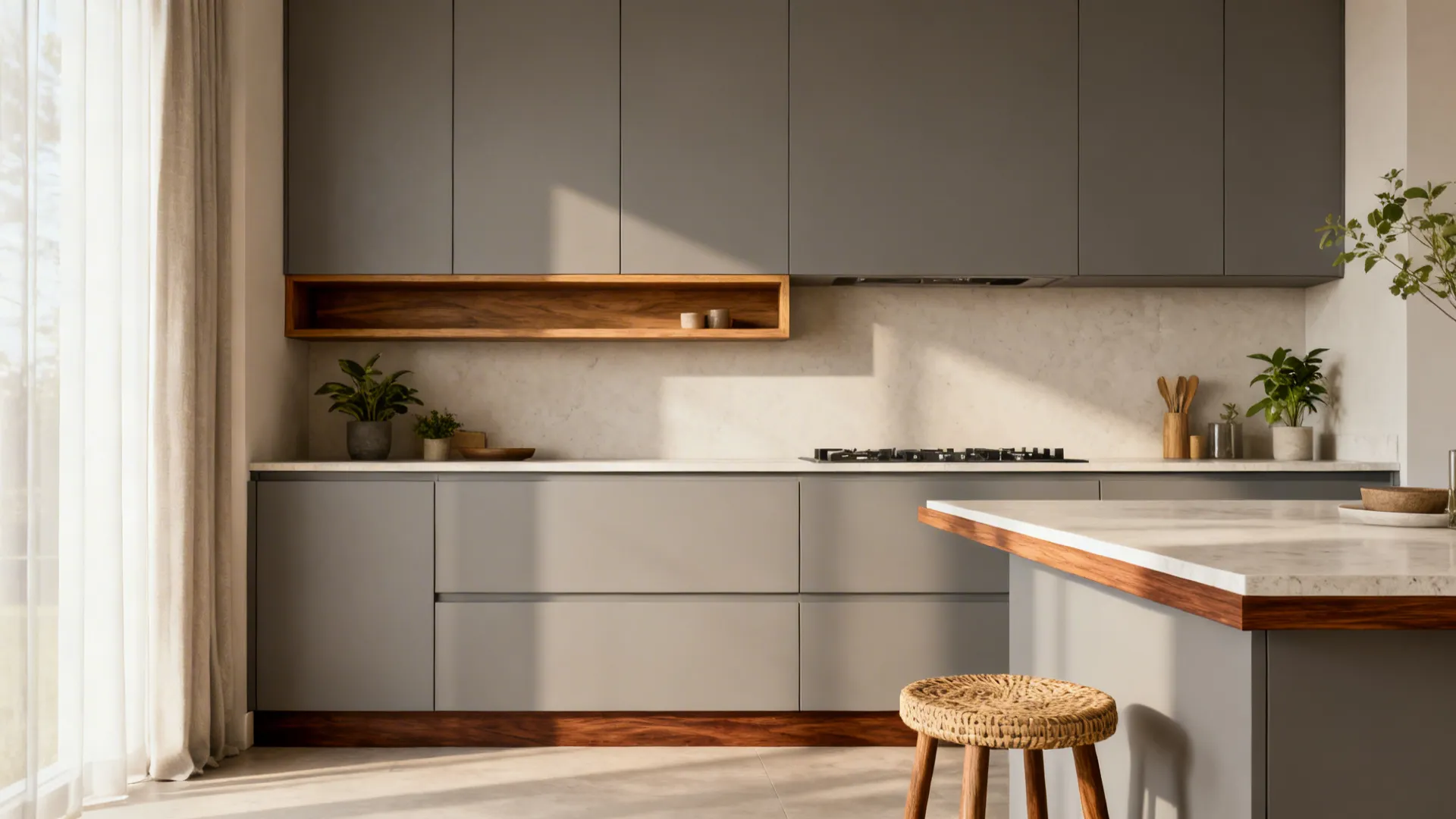Minimalist kitchen with an oak shelf, walnut toe-kick, and neutral cabinets in soft light.
