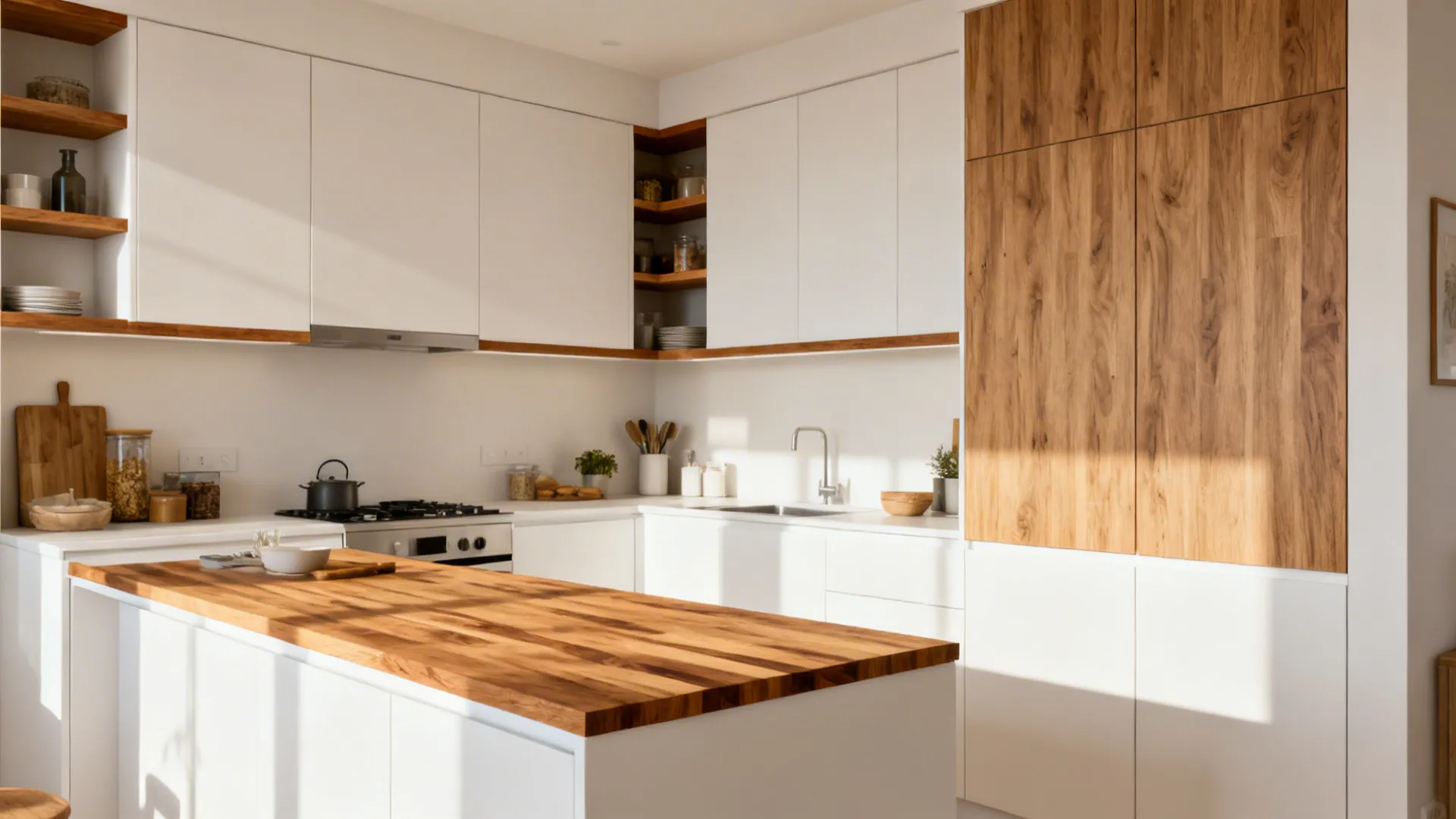 Small kitchen with matte white cabinets and oak accents including butcher-block and HPL wood-look panels.
