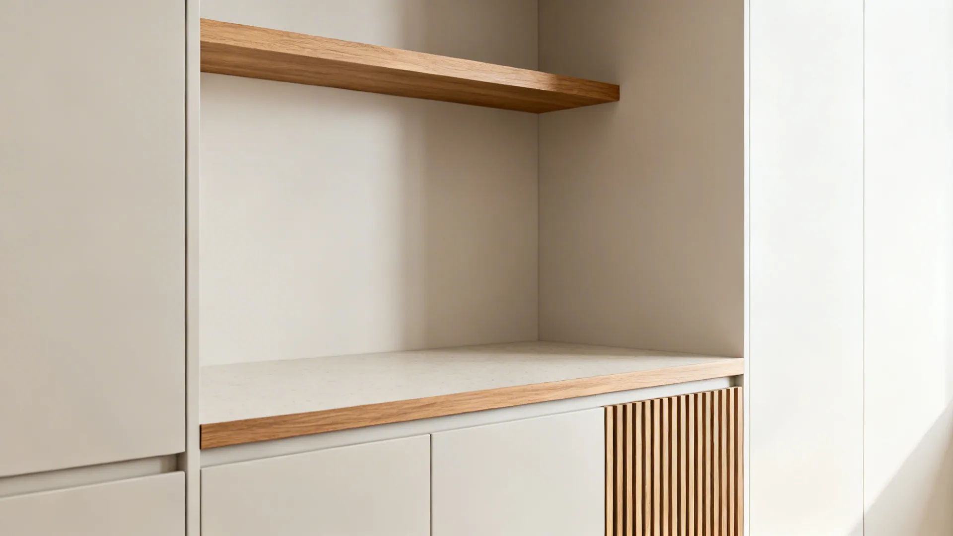 Light modular kitchen with subtle oak accents on a shelf, edge, and slatted panel.