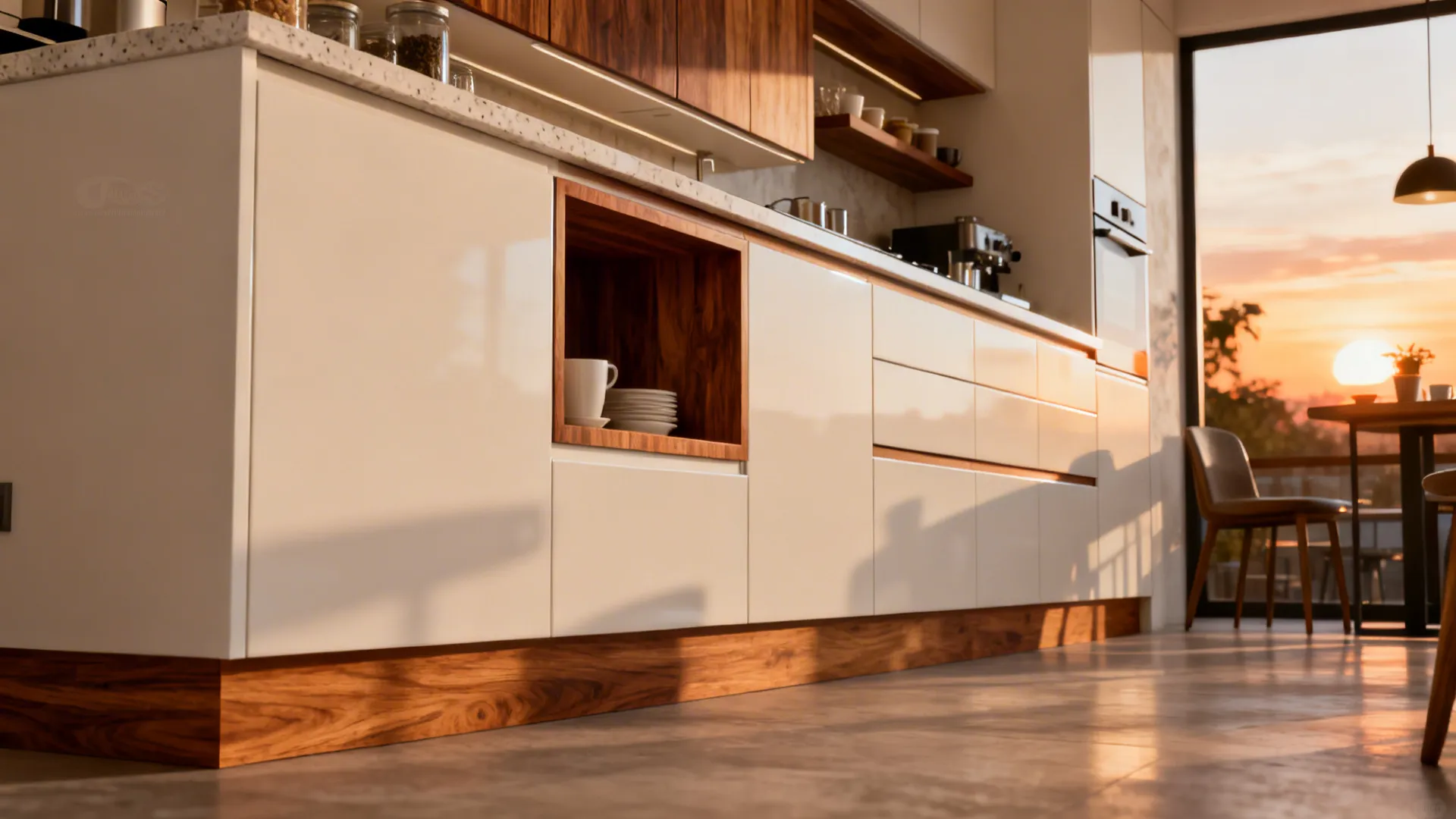Light minimalist kitchen softened by oak and walnut accents for a warmer feel.