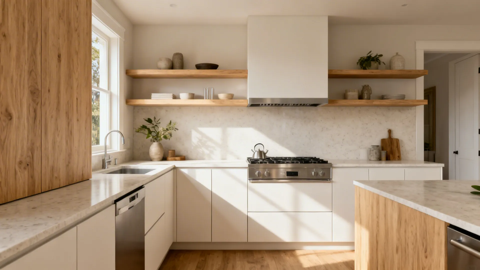 Compact kitchen with white oak shelves, matte slab cabinets, and quartz counters.