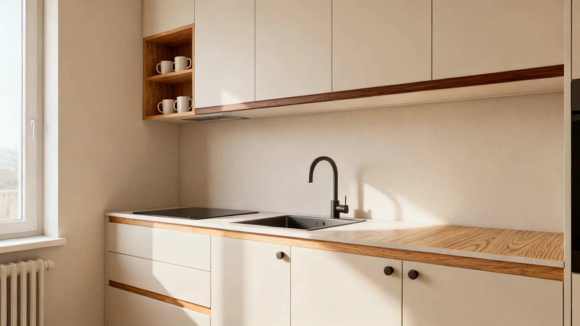 Compact kitchen with light cabinets and warm wood accents like an oak niche and walnut rail.